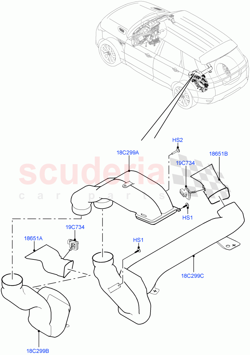 Air Vents, Louvres And Ducts (Under Rear Seat, Internal Components) (With 5 Seat Configuration, With Air Conditioning - Front/Rear, Premium Air Con Hybrid Front/Rear) ((V) TOJA999999) of Land Rover Land Rover Range Rover Sport (2014+) [2.0 Turbo Petrol AJ200P]