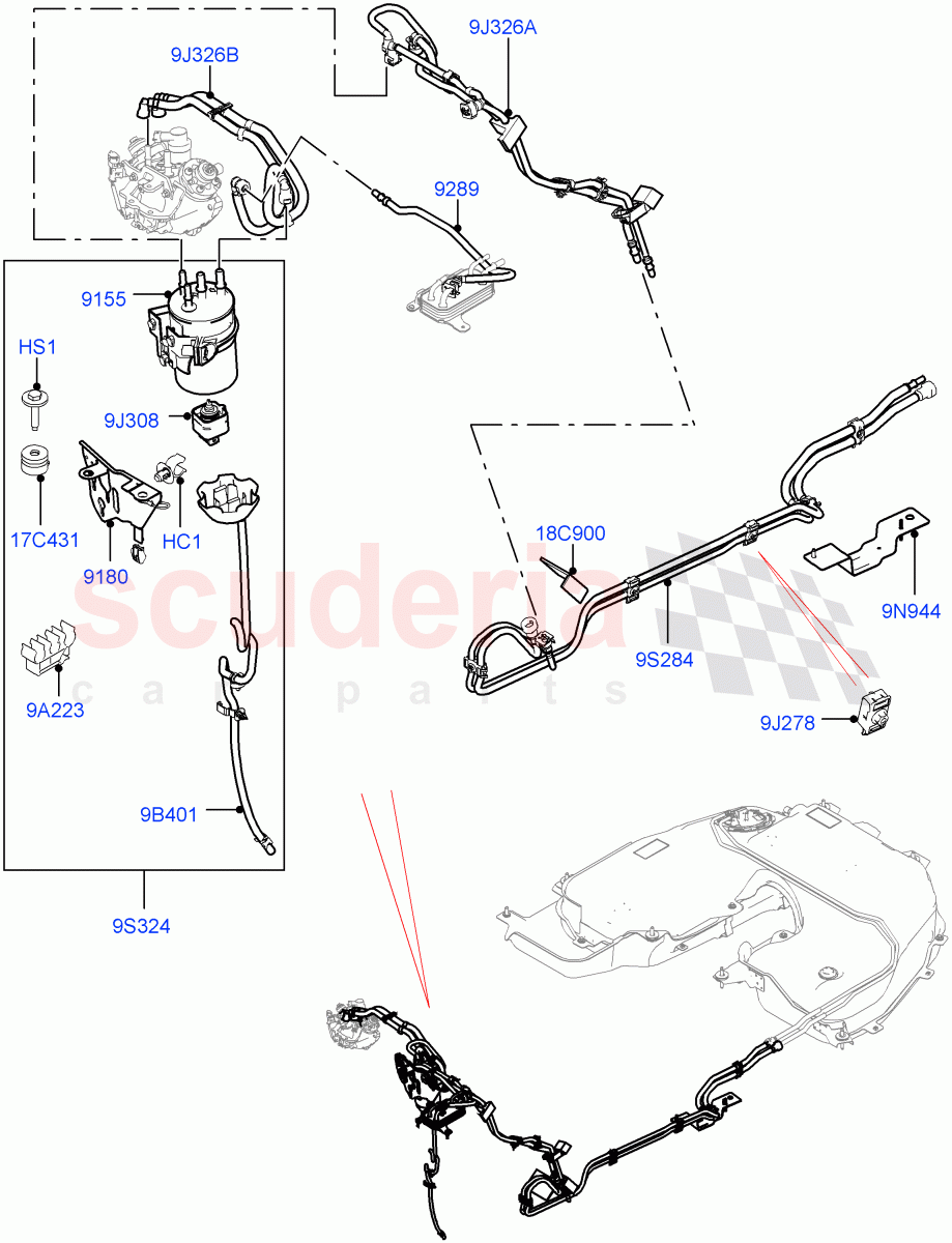 Fuel Lines (Front, Nitra Plant Build) (3.0 V6 D Low MT ROW, 3.0 V6 D Gen2 Mono Turbo, 3.0 V6 D Gen2 Twin Turbo) ((V) FROMK2000001) of Land Rover Land Rover Discovery 5 (2017+) [3.0 Diesel 24V DOHC TC]