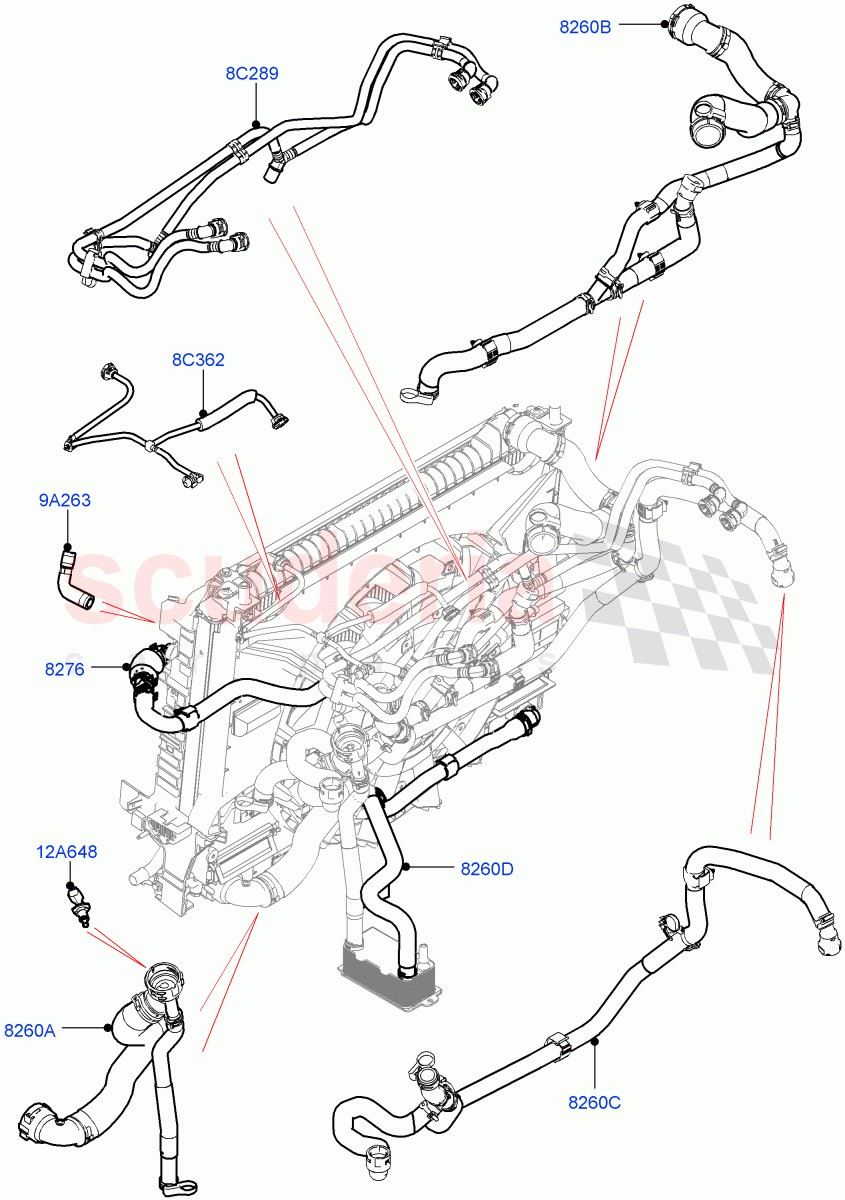 Cooling System Pipes And Hoses (3.0L DOHC GDI SC V6 PETROL, Less Auxiliary Coolant Pumps, Less Engine Cooling System, Less Active Tranmission Warming) of Land Rover Land Rover Range Rover Velar (2017+) [3.0 DOHC GDI SC V6 Petrol]