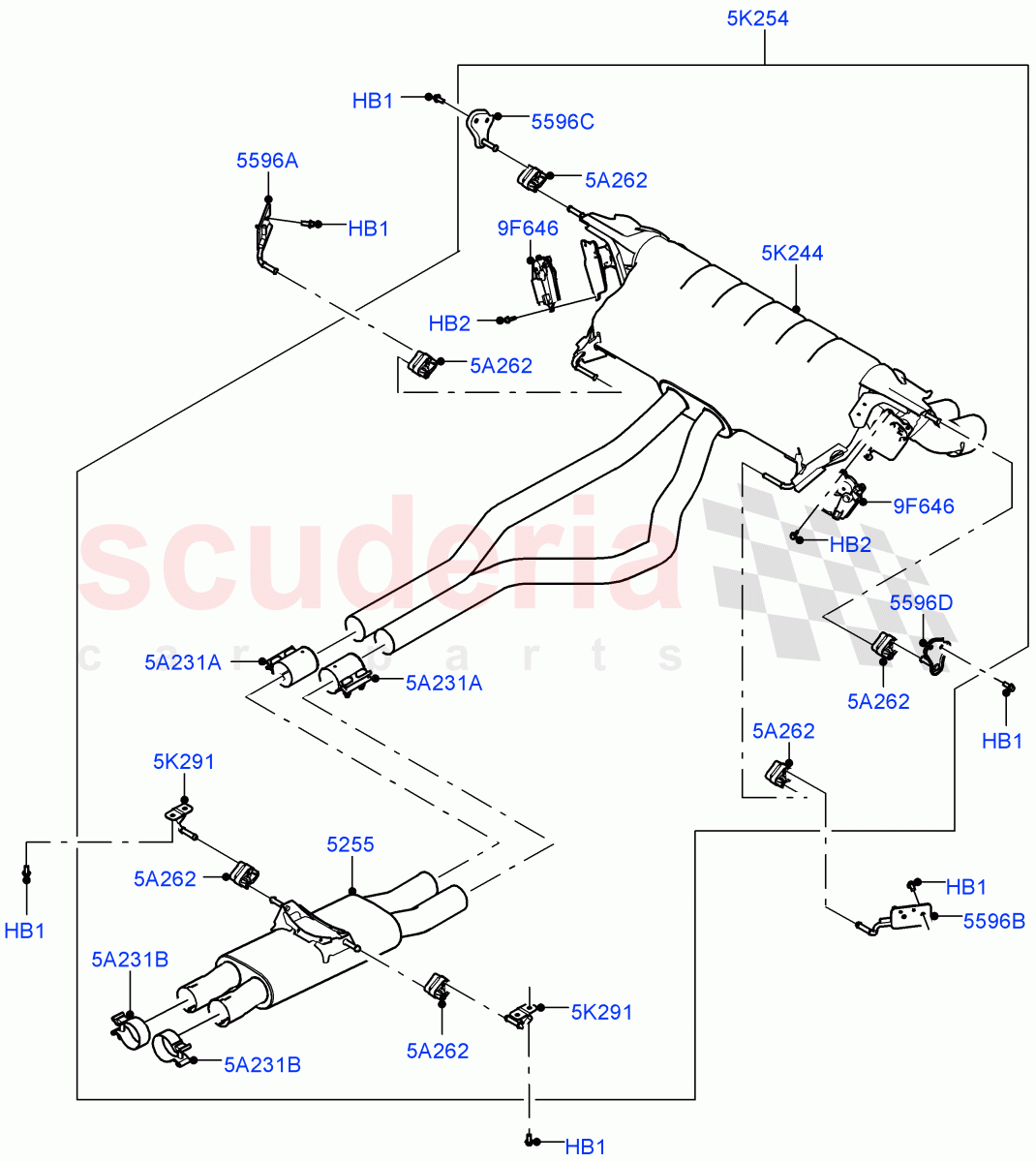 Rear Exhaust System (Nitra Plant Build) (5.0 Petrol AJ133 DOHC CDA, Standard Wheelbase) ((V) FROMM2000001) of Land Rover Land Rover Defender (2020+) [5.0 OHC SGDI SC V8 Petrol]