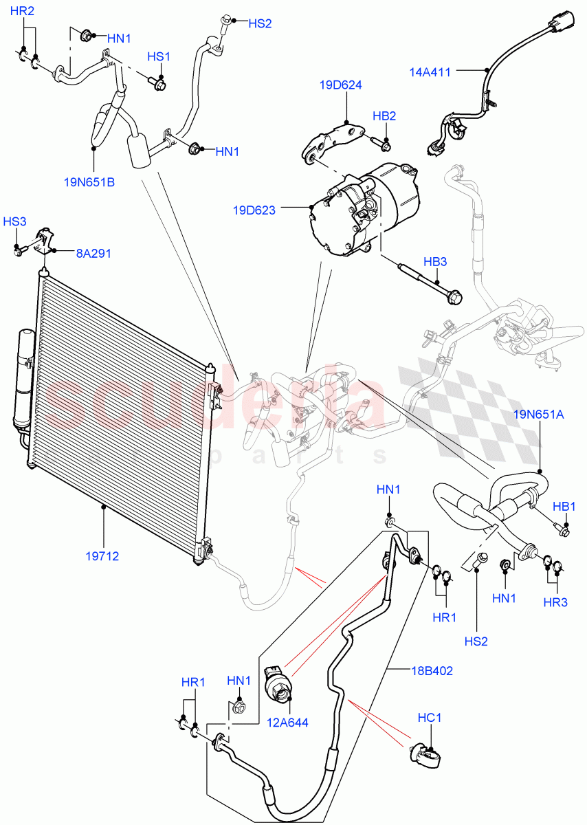 Air Conditioning Condensr/Compressr (Front) (3.0 V6 D Gen2 Twin Turbo, 8 Speed Auto Trans ZF 8HP70 HEV 4WD, 3.0 V6 Diesel Electric Hybrid Eng, 3.0 V6 D Gen2 Mono Turbo) ((V) FROMFA000001) of Land Rover Land Rover Range Rover (2012-2021) [5.0 OHC SGDI NA V8 Petrol]