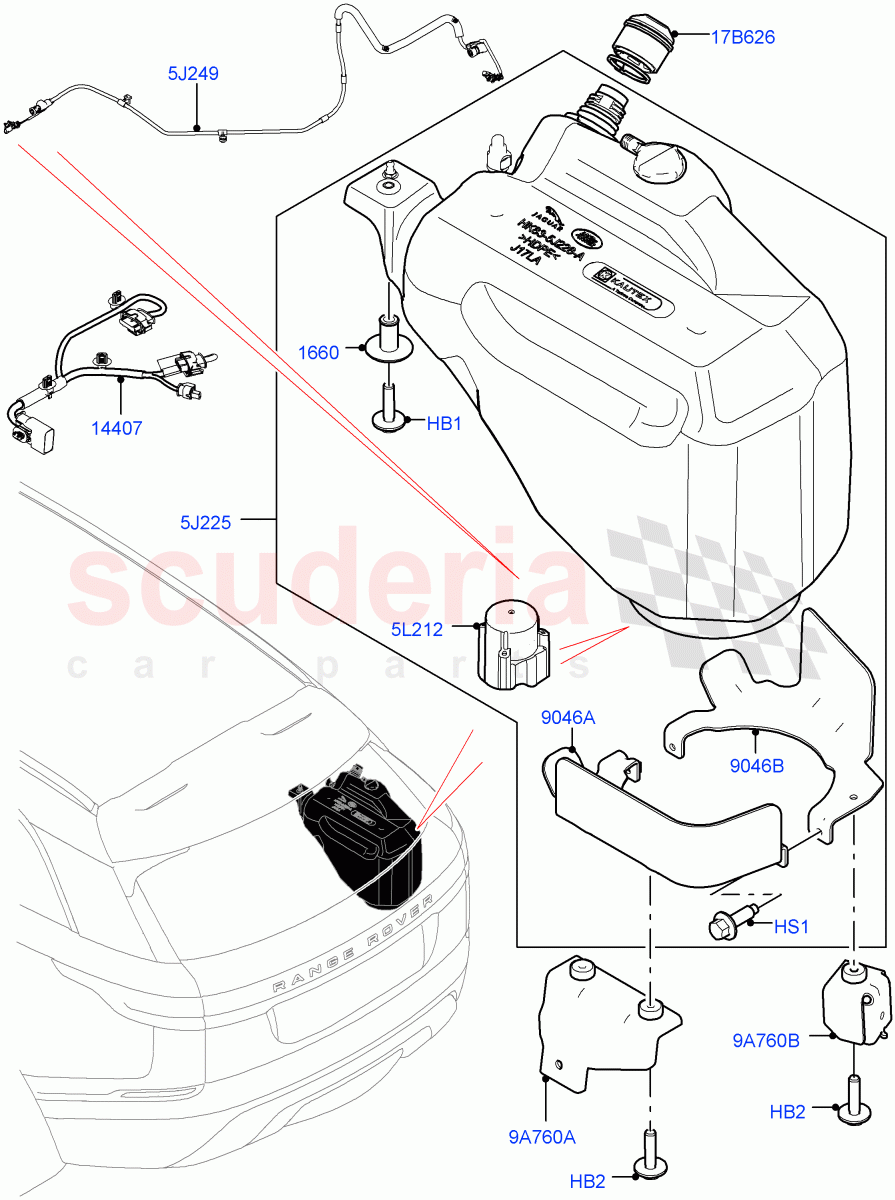 Exhaust Fluid Injection System (Tank and Lines) (3.0 V6 Diesel, With Diesel Exh Fluid Emission Tank) of Land Rover Land Rover Range Rover Velar (2017+) [3.0 Diesel 24V DOHC TC]