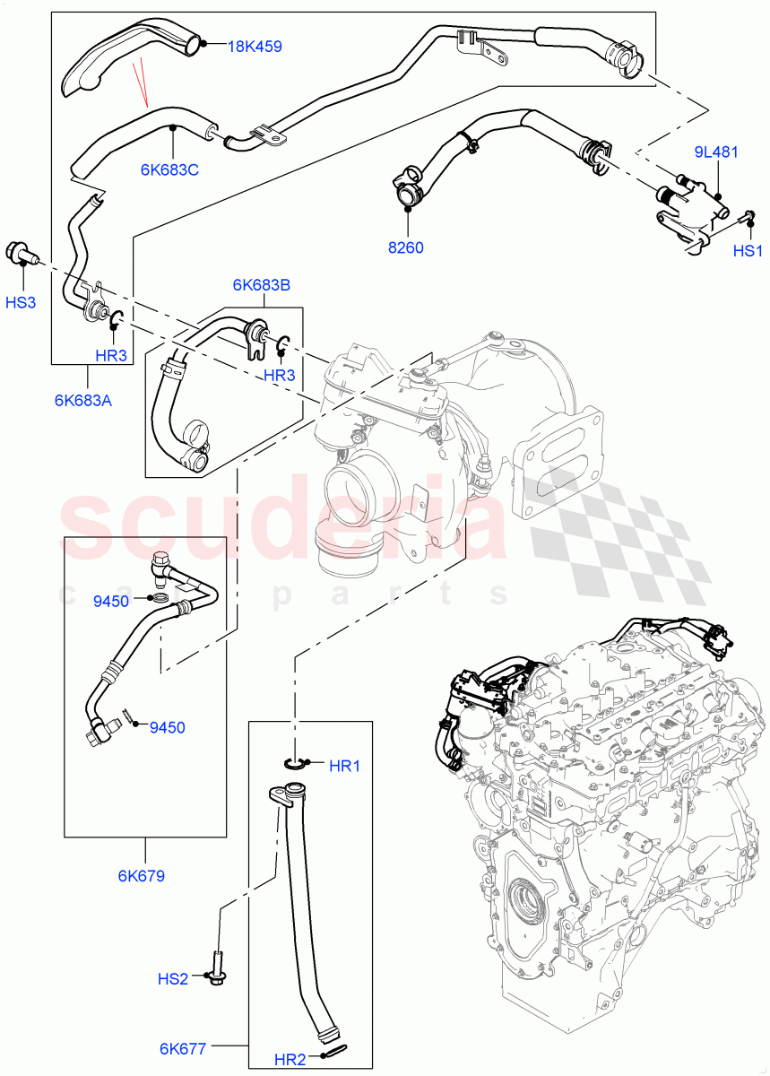 Turbocharger (Solihull Plant Build, Lubrication And Cooling) (2.0L AJ200P Hi PHEV, 2.0L I4 High DOHC AJ200 Petrol, 2.0L I4 Mid DOHC AJ200 Petrol) ((V) FROMHA000001) of Land Rover Land Rover Range Rover Velar (2017+) [2.0 Turbo Petrol AJ200P]