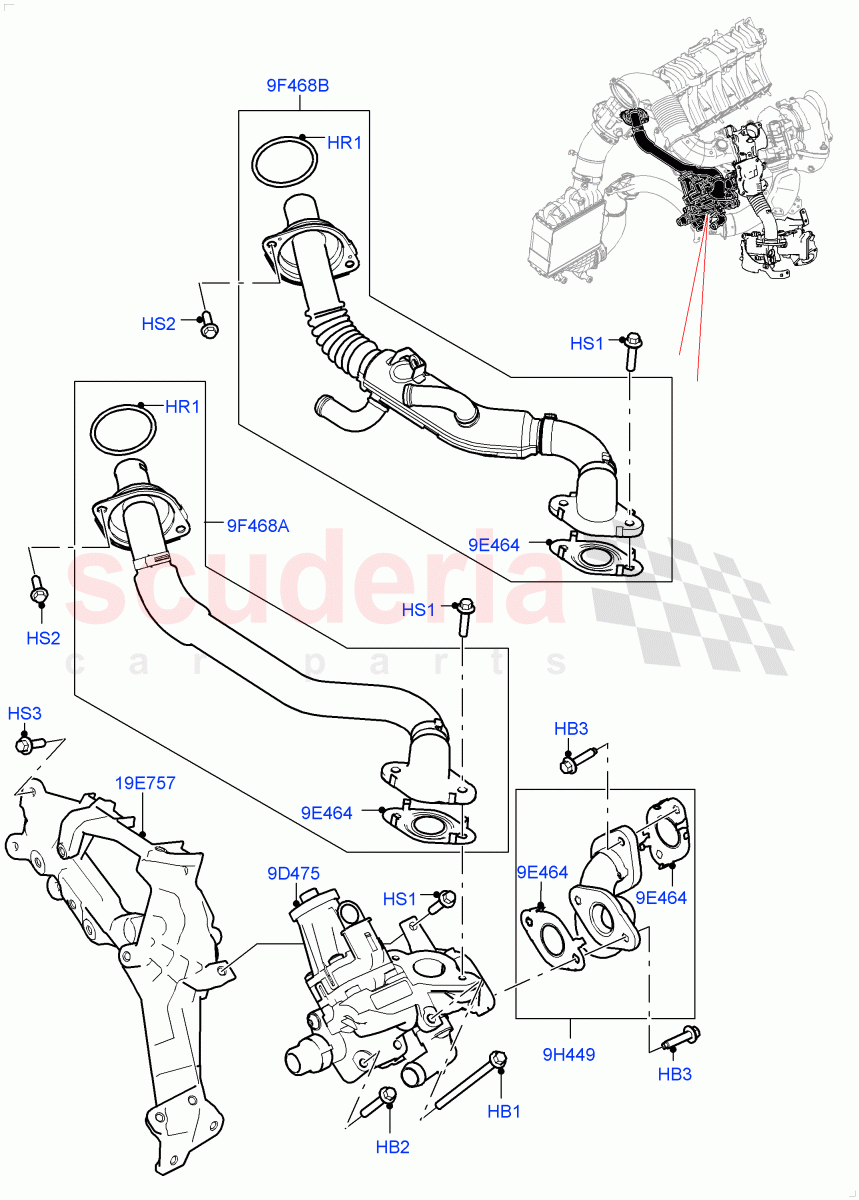 Exhaust Gas Recirculation (High Pressure EGR) (2.0L I4 DSL HIGH DOHC AJ200, Stage V Plus DPF, Halewood (UK), DPF + DE-SOX, 2.0L I4 DSL MID DOHC AJ200, Japanese Emission + DPF, Proconve L6 Emissions, EU6 + DPF Emissions) of Land Rover Land Rover Range Rover Evoque (2012-2018) [2.0 Turbo Diesel]