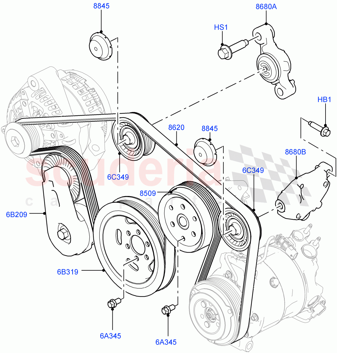 Pulleys And Drive Belts (Front, Solihull Plant Build) (3.0L 24V DOHC V6 TC Diesel, 8 Speed Auto Trans ZF 8HP70 4WD, Less ACE Suspension, 3.0 V6 D Gen2 Mono Turbo, 3.0L 24V V6 Turbo Diesel Std Flow, 3.0 V6 D Low MT ROW, 3.0 V6 D Gen2 Twin Turbo) ((V) FROMAA000001, (V) TOJA999999) of Land Rover Land Rover Range Rover (2012-2021) [3.0 Diesel 24V DOHC TC]