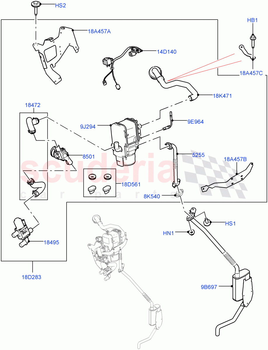 Auxiliary Fuel Fired Pre-Heater (Nitra Plant Build) (2.0L I4 High DOHC AJ200 Petrol, Fuel Fired Heater With Park Heat, 3.0L DOHC GDI SC V6 PETROL, With Fuel Fired Heater, Fuel Heater W/Pk Heat With Remote, 3.0L AJ20P6 Petrol High) ((V) FROMK2000001) of Land Rover Land Rover Discovery 5 (2017+) [3.0 I6 Turbo Petrol AJ20P6]