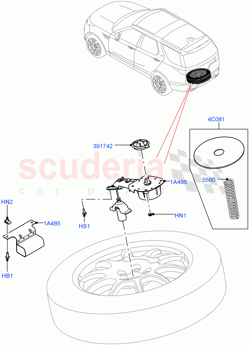 Spare Wheel Carrier (Nitra Plant Build) (22" Full Size Spare Wheel, With Mini Alloy Spare Wheel, 20" Full Size Spare Wheel, 21" Full Size Spare Wheel, 19" Full Size Spare Wheel) ((V) FROMK2000001) of Land Rover Land Rover Discovery 5 (2017+) [3.0 Diesel 24V DOHC TC]