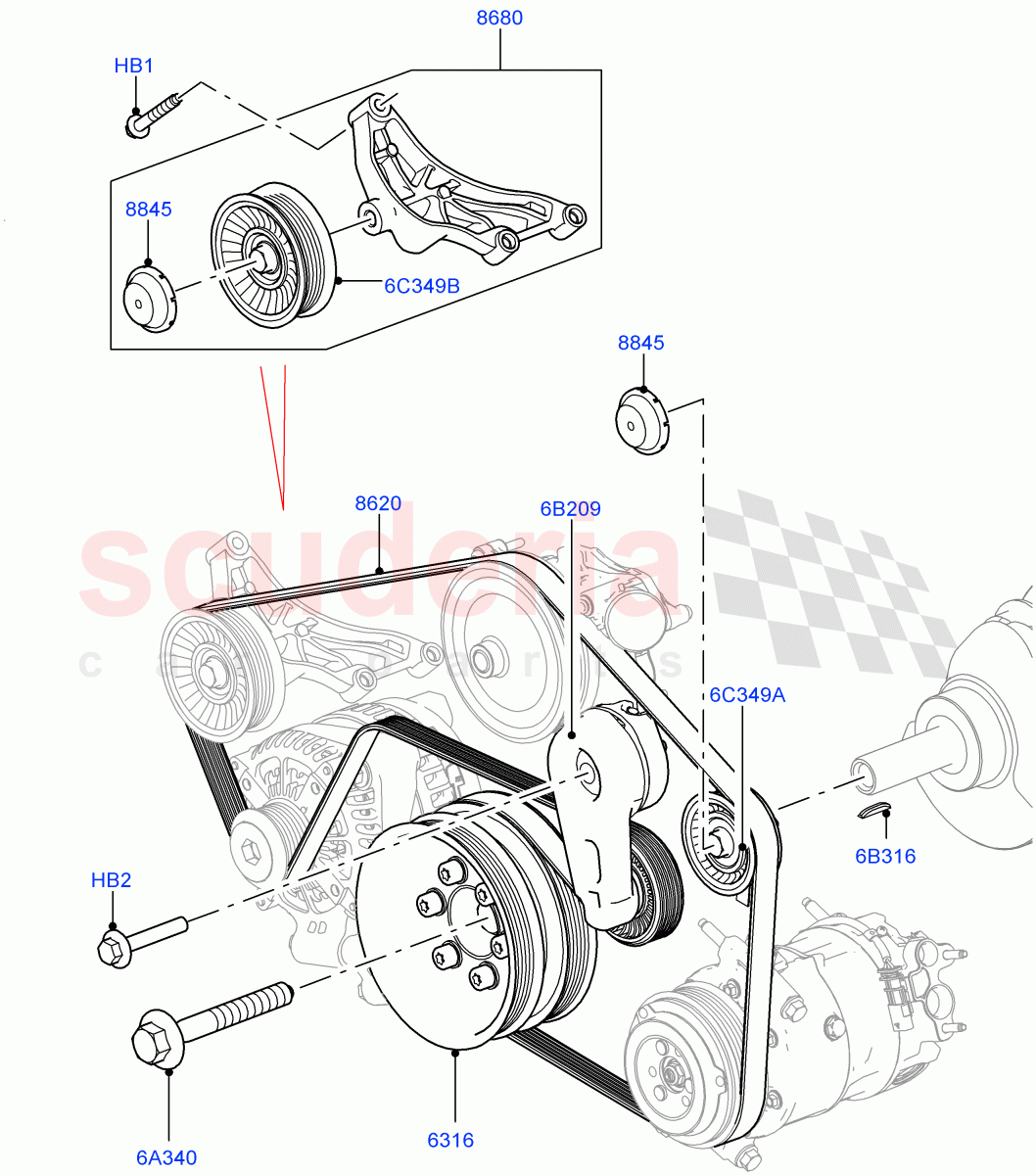 Pulleys And Drive Belts (Primary Drive) (3.0L DOHC GDI SC V6 PETROL) of Land Rover Land Rover Range Rover Velar (2017+) [3.0 DOHC GDI SC V6 Petrol]