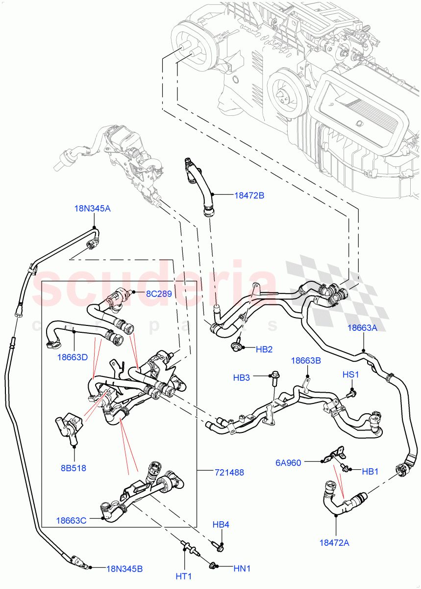 Heater Hoses (2.0L I4 High DOHC AJ200 Petrol, With Fuel Fired Heater, With Manual Air Conditioning, Premium Air Conditioning-Front/Rear, With Front Comfort Air Con (IHKA)) ((V) FROMJA000001, (V) TOJA999999) of Land Rover Land Rover Discovery 5 (2017+) [3.0 I6 Turbo Petrol AJ20P6]