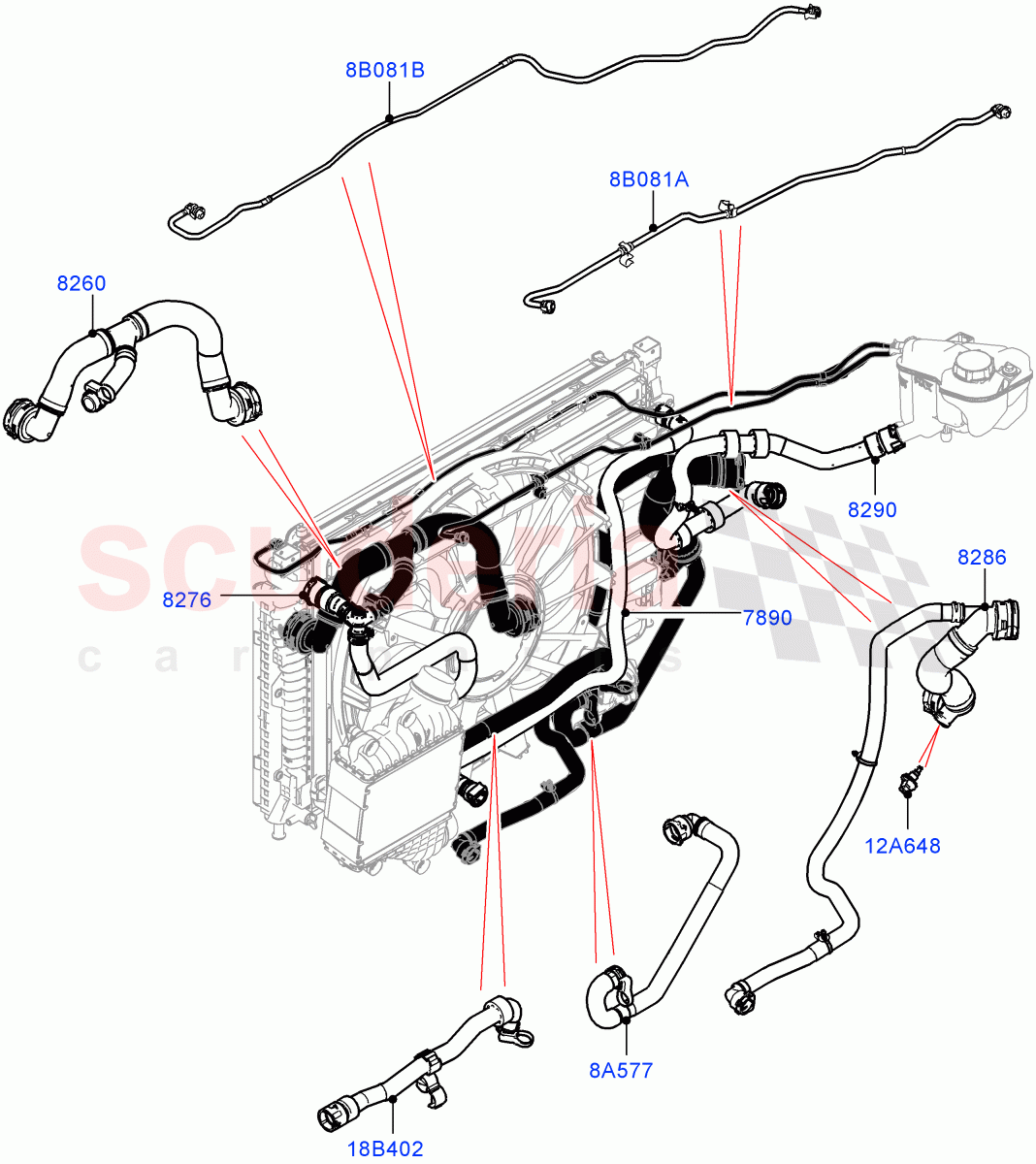 Cooling System Pipes And Hoses (2.0L I4 Mid AJ200 Petrol E100, Itatiaia (Brazil), With Standard Engine Cooling System, 2.0L I4 Mid DOHC AJ200 Petrol) ((V) FROMJT000001) of Land Rover Land Rover Range Rover Evoque (2012-2018) [2.0 Turbo Petrol AJ200P]