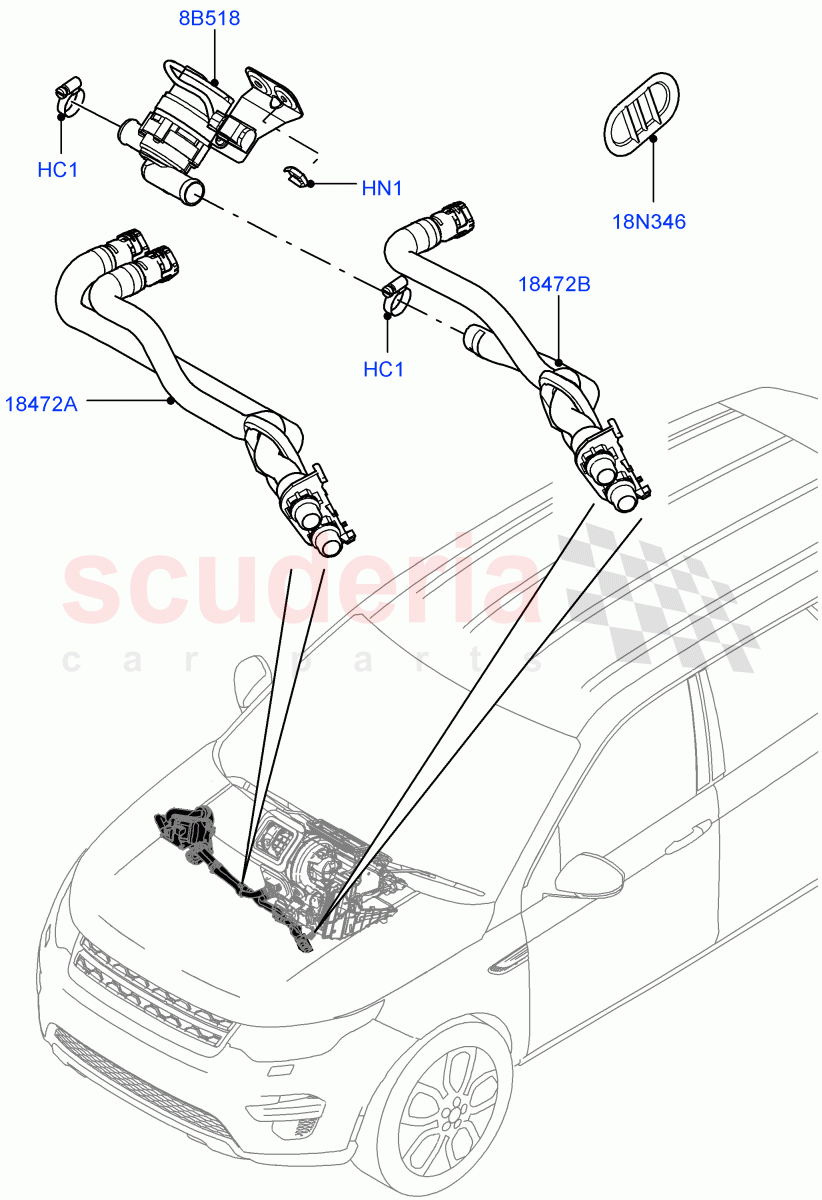 Heater Hoses (2.0L I4 DSL MID DOHC AJ200, Itatiaia (Brazil), 2.0L 16V TIVCT T/C 240PS Petrol, 2.0L I4 DSL HIGH DOHC AJ200) ((V) FROMGT000001) of Land Rover Land Rover Discovery Sport (2015+) [2.0 Turbo Petrol AJ200P]