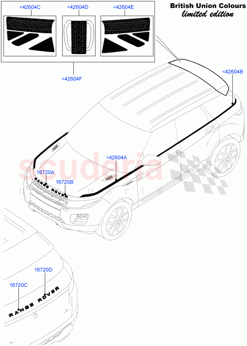 Name Plates (Union Mono Colours LE, Union Colours LE, Decal Stripes) (Halewood (UK)) ((V) FROMFH000001, (V) TOFH999999) of Land Rover Land Rover Range Rover Evoque (2012-2018) [2.2 Single Turbo Diesel]