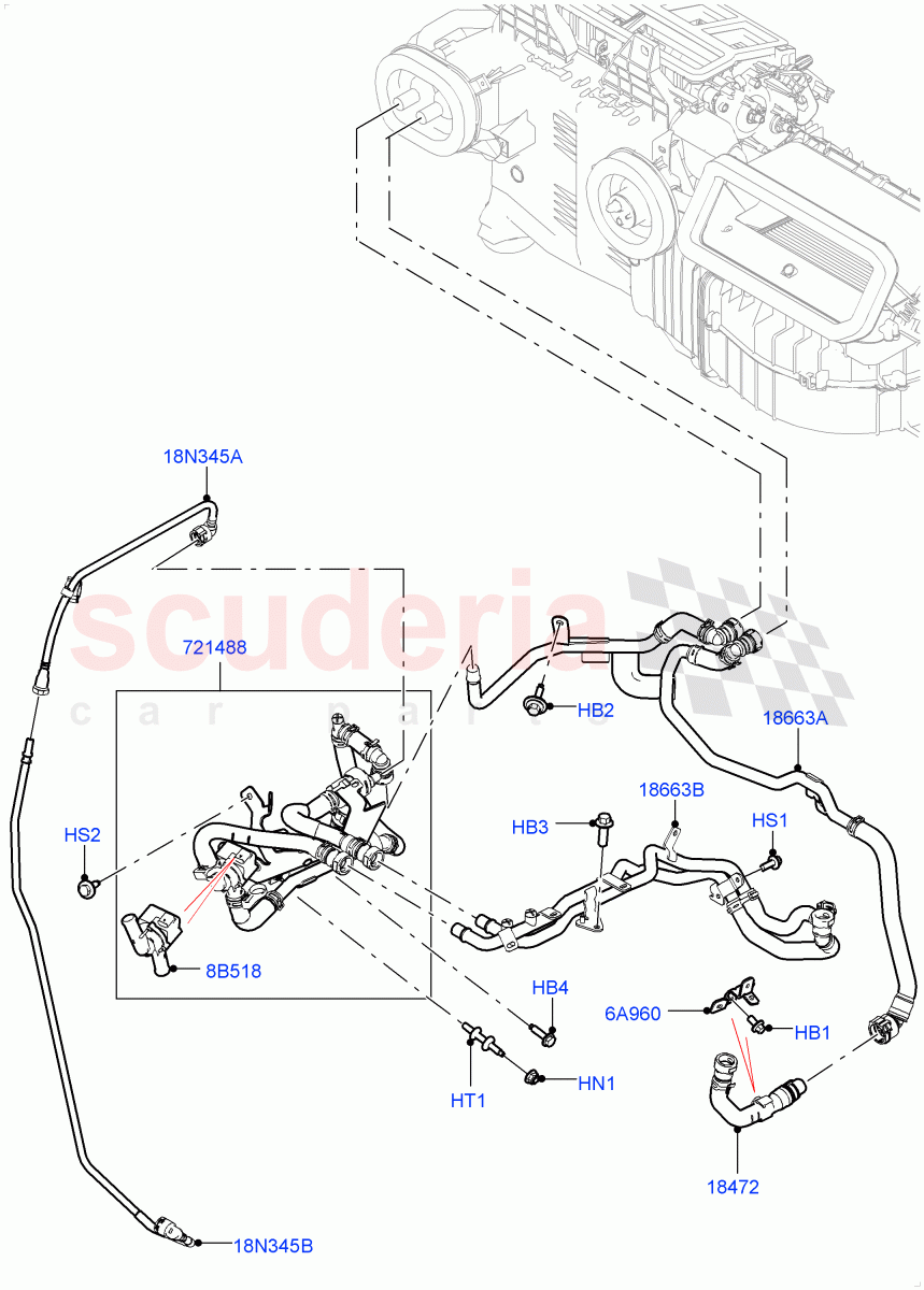 Heater Hoses (Solihull Plant Build) (2.0L I4 High DOHC AJ200 Petrol, Less Heater, With Air Conditioning - Front/Rear, With Front Comfort Air Con (IHKA), With Ptc Heater, With Manual Air Conditioning) ((V) FROMKA000001) of Land Rover Land Rover Discovery 5 (2017+) [3.0 Diesel 24V DOHC TC]