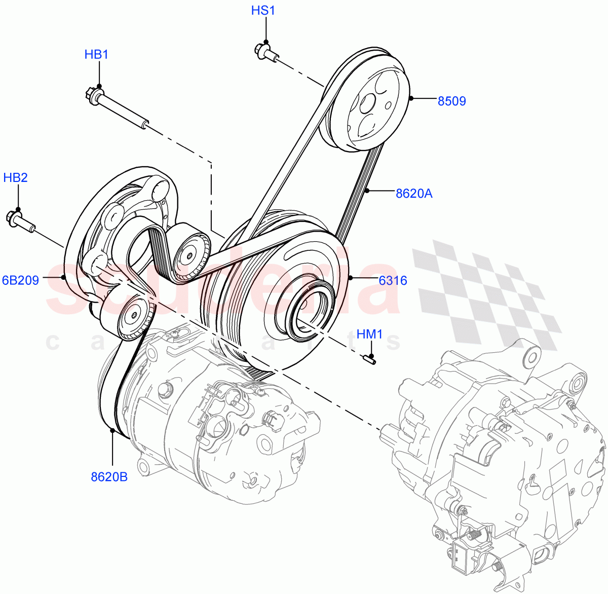 Pulleys And Drive Belts (2.0L AJ20P4 Petrol High PTA, Halewood (UK), Electric Engine Battery-MHEV, 2.0L AJ20P4 Petrol E100 PTA, 2.0L AJ20P4 Petrol Mid PTA) of Land Rover Land Rover Discovery Sport (2015+) [2.0 Turbo Petrol AJ200P]