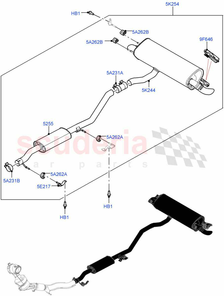 Rear Exhaust System (3 Door, 2.0L I4 High DOHC AJ200 Petrol, Dual Exh Olet W/Squa Tail Pipe Garn, 5 Door, 2.0L I4 Mid DOHC AJ200 Petrol) ((V) FROMHH000001) of Land Rover Land Rover Range Rover Evoque (2012-2018) [2.0 Turbo Petrol AJ200P]