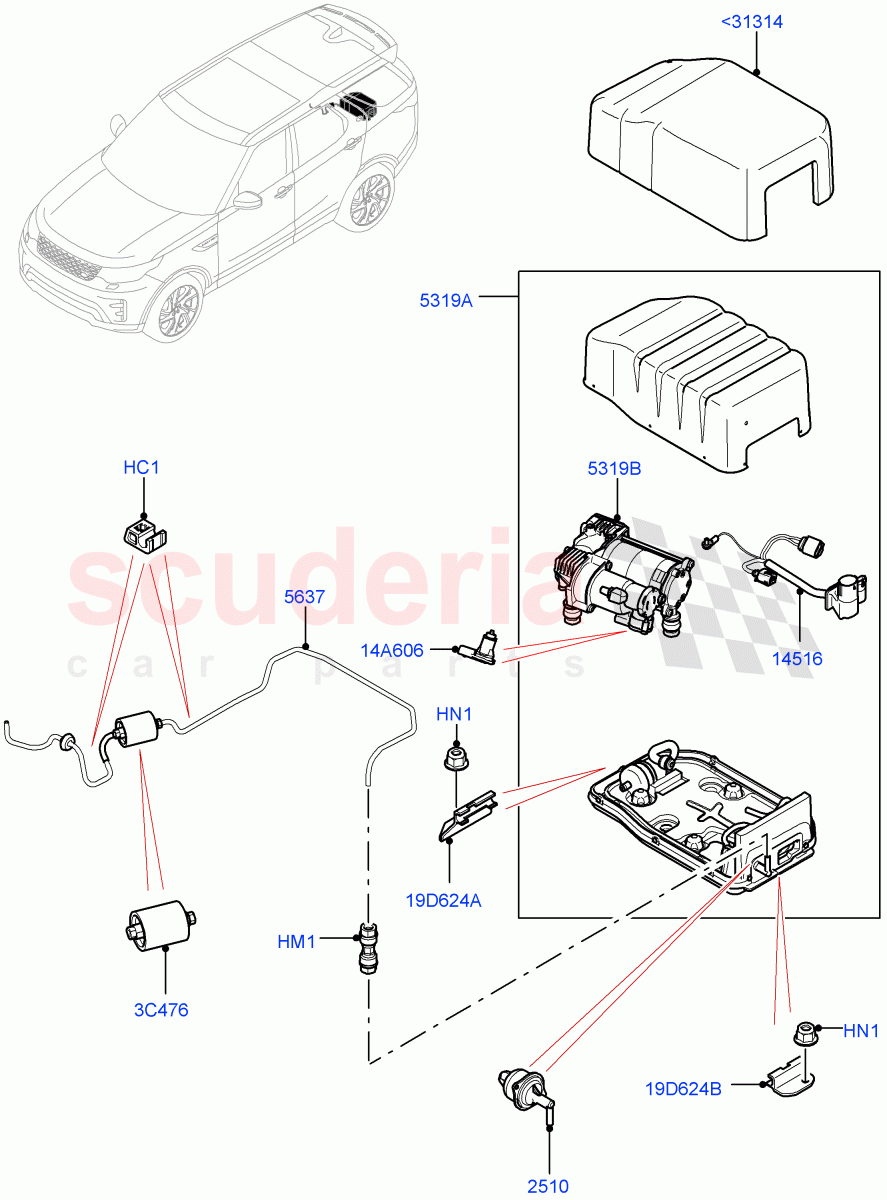 Air Suspension Compressor And Lines (Solihull Plant Build, Compressor Assy) (With Four Corner Air Suspension) ((V) FROMHA000001) of Land Rover Land Rover Discovery 5 (2017+) [3.0 DOHC GDI SC V6 Petrol]