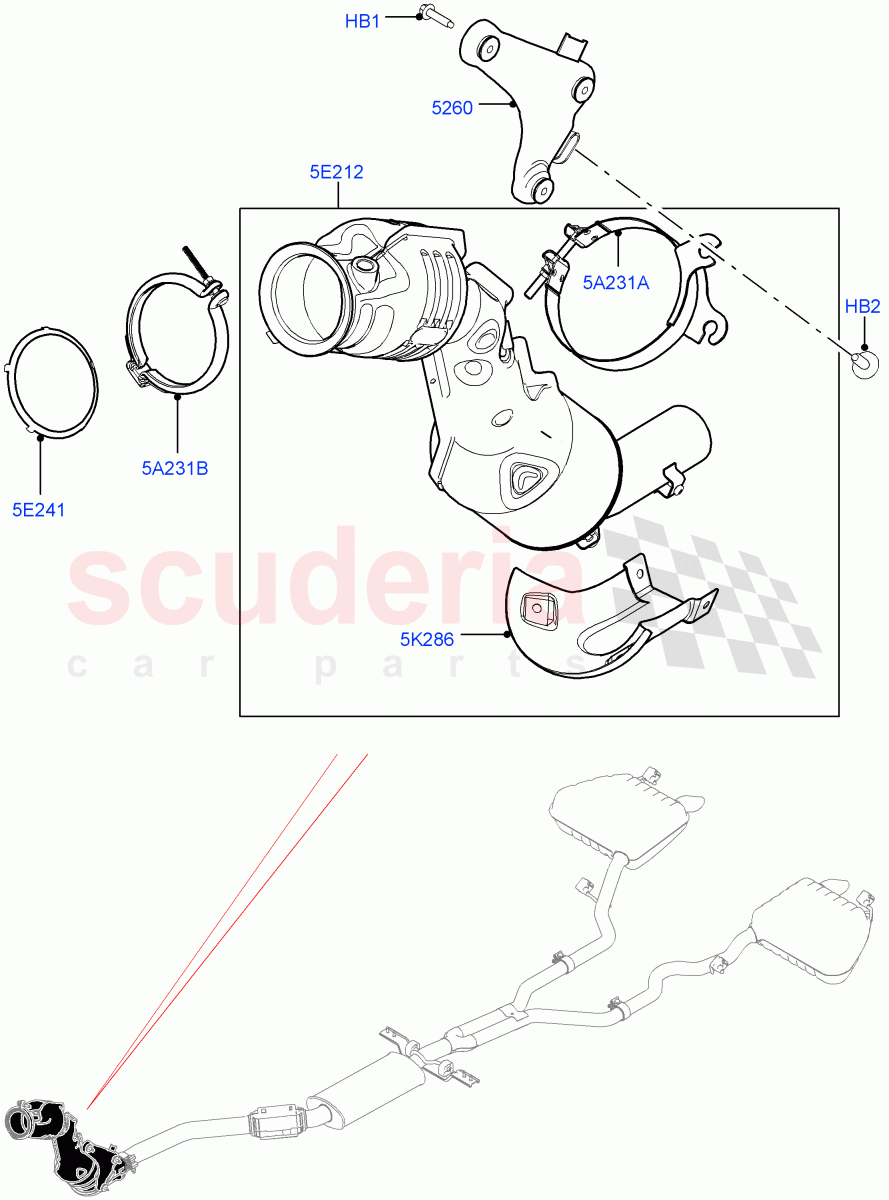 Front Exhaust System (2.0L I4 High DOHC AJ200 Petrol, Stage V European Emissions, 2.0L I4 Mid DOHC AJ200 Petrol, Euro Stage 4 Emissions, EU2, Proconve L6 Emissions, EU6 Emissions, 2.0L AJ200P Hi PHEV) of Land Rover Land Rover Range Rover Velar (2017+) [2.0 Turbo Petrol AJ200P]