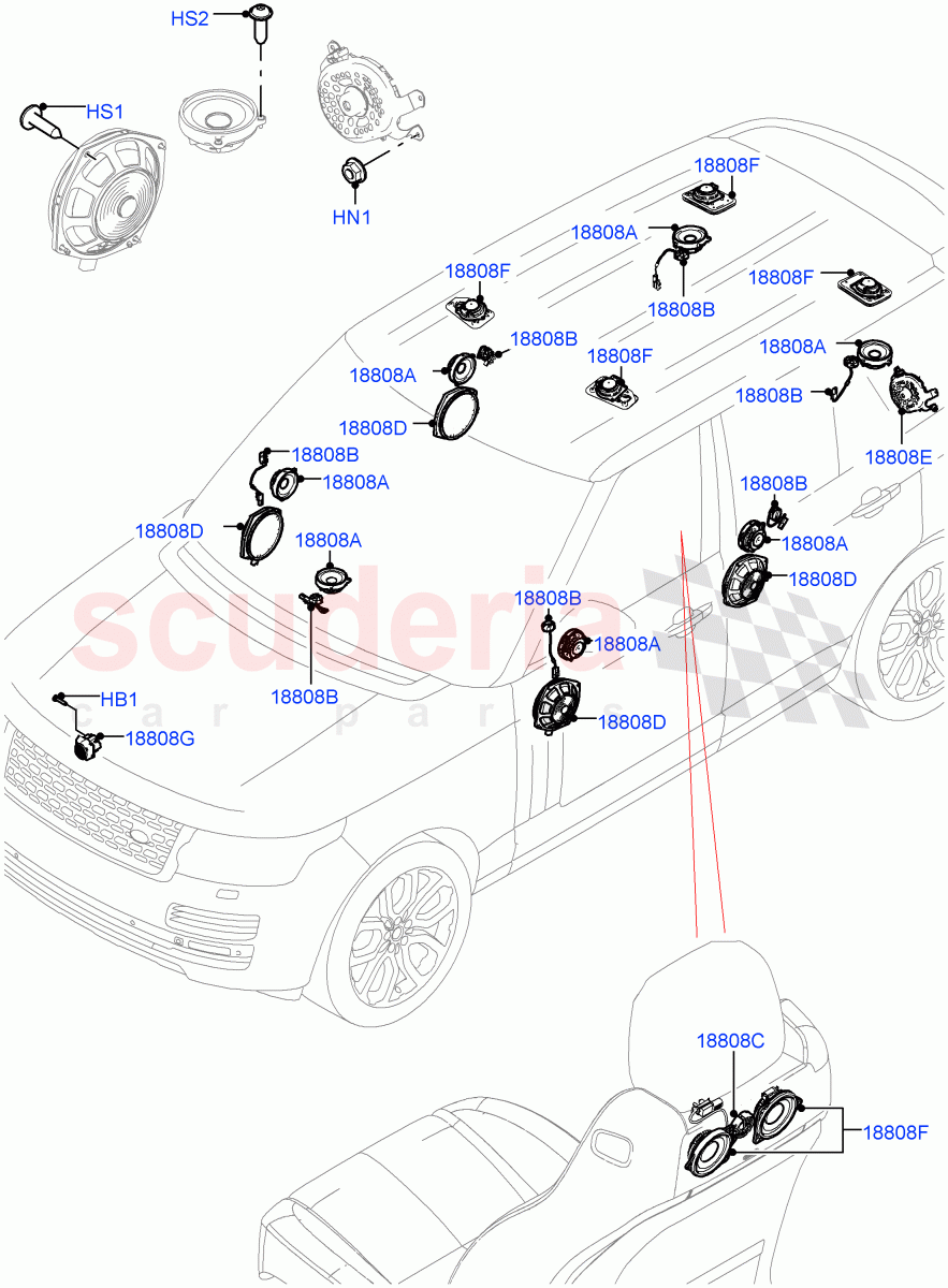 Speakers (Long Wheelbase, Super Premium Audio 2500 W) ((V) FROMJA000001) of Land Rover Land Rover Range Rover (2012-2021) [3.0 I6 Turbo Petrol AJ20P6]
