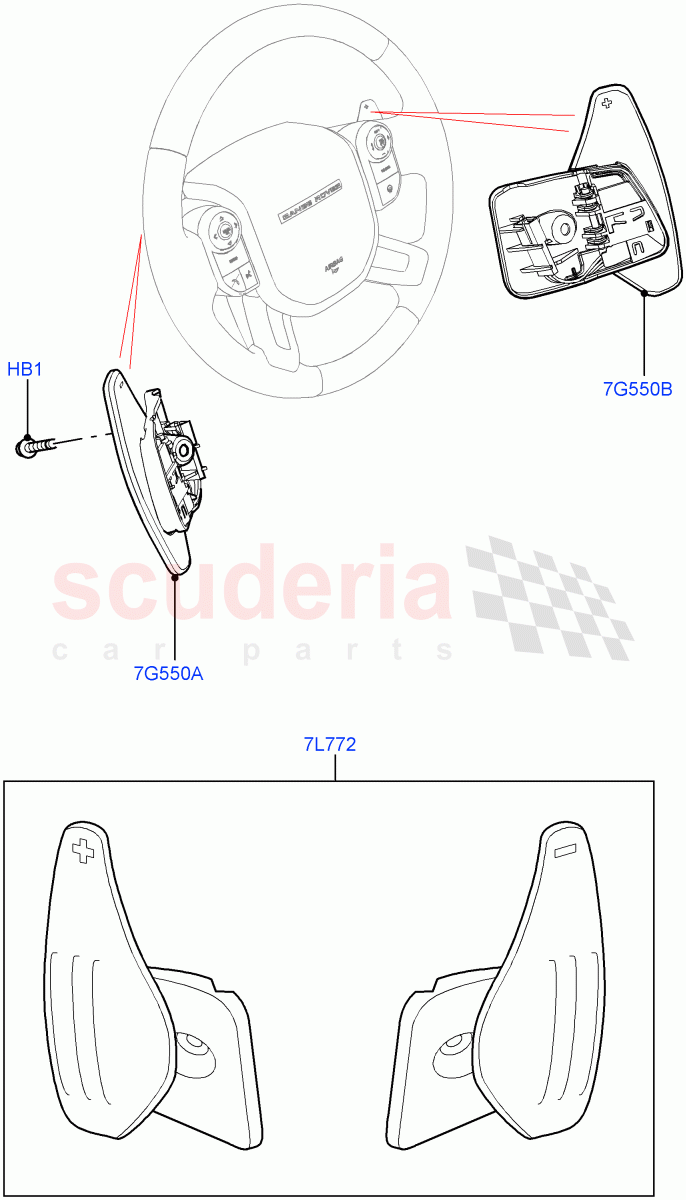 Gear Change-Automatic Transmission (Solihull Plant Build, Steering Wheel) (8 Speed Auto Trans ZF 8HP70 4WD, Paddle Shift, 8 Speed Auto Trans ZF 8HP70 HEV 4WD, Paddle Shift - Noble, Paddle shift - Aluminium) ((V) FROMAA000001) of Land Rover Land Rover Discovery 5 (2017+) [3.0 DOHC GDI SC V6 Petrol]