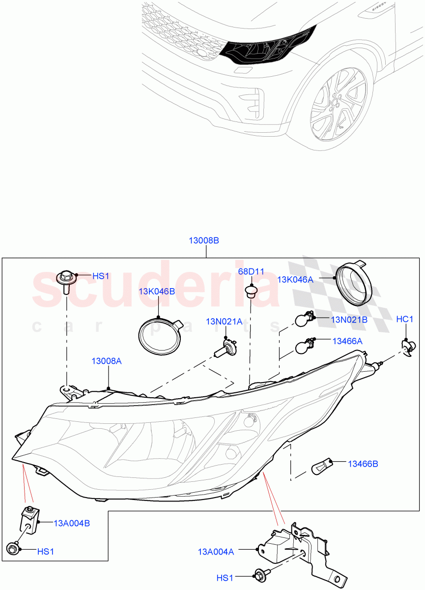 Headlamps And Front Flasher Lamps (Solihull Plant Build) (With Halogen Headlamp) ((V) FROMHA000001) of Land Rover Land Rover Discovery 5 (2017+) [3.0 Diesel 24V DOHC TC]