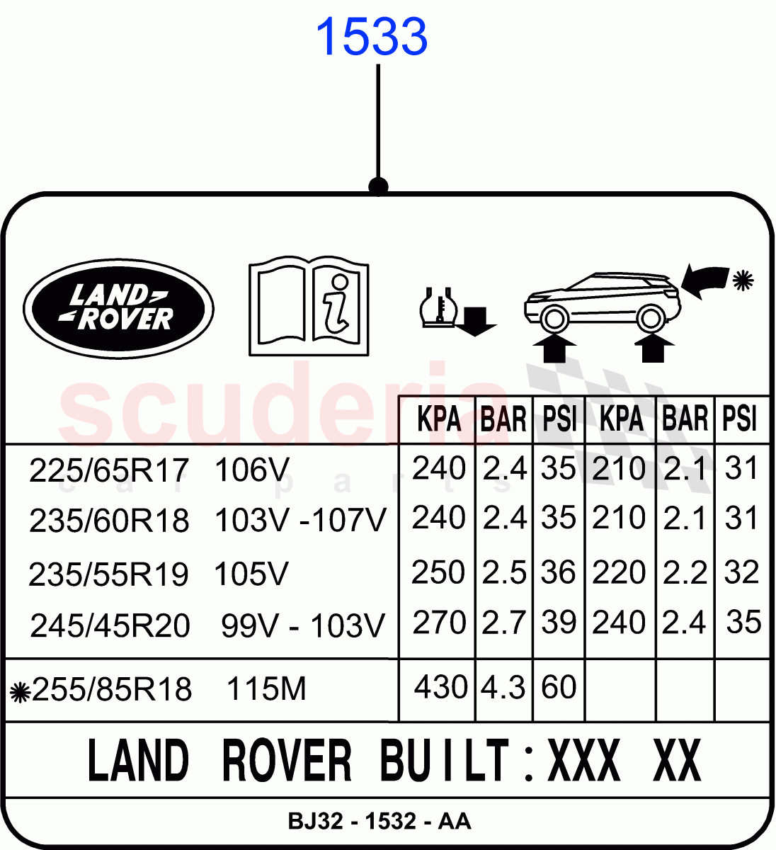 Labels (Tyre Pressure Label) (Changsu (China)) ((V) FROMEG000001) of Land Rover Land Rover Range Rover Evoque (2012-2018) [2.2 Single Turbo Diesel]