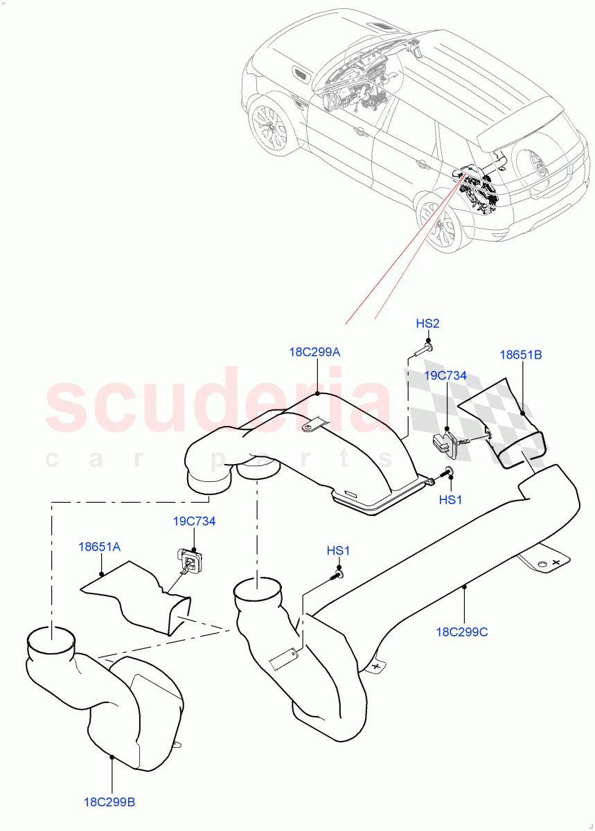 Air Vents, Louvres And Ducts (Under Rear Seat, Internal Components) (With 5 Seat Configuration, Premium Air Conditioning-Front/Rear) ((V) FROMKA000001) of Land Rover Land Rover Range Rover Sport (2014+) [2.0 Turbo Petrol AJ200P]