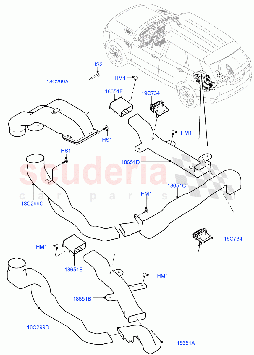 Air Vents, Louvres And Ducts (Internal Components, Under Rear Seat) (With 7 Seat Configuration, Premium Air Conditioning-Front/Rear) ((V) FROMKA000001) of Land Rover Land Rover Range Rover Sport (2014+) [4.4 DOHC Diesel V8 DITC]
