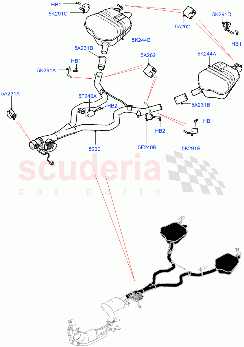 Rear Exhaust System (Solihull Plant Build) (3.0 V6 D Gen2 Mono Turbo, LEV 160, EU6 + DPF Emissions, Japanese Emission + DPF, 3.0 V6 D Gen2 Twin Turbo, EU6D Diesel + DPF Emissions) ((V) FROMHA000001) of Land Rover Land Rover Discovery 5 (2017+) [3.0 Diesel 24V DOHC TC]