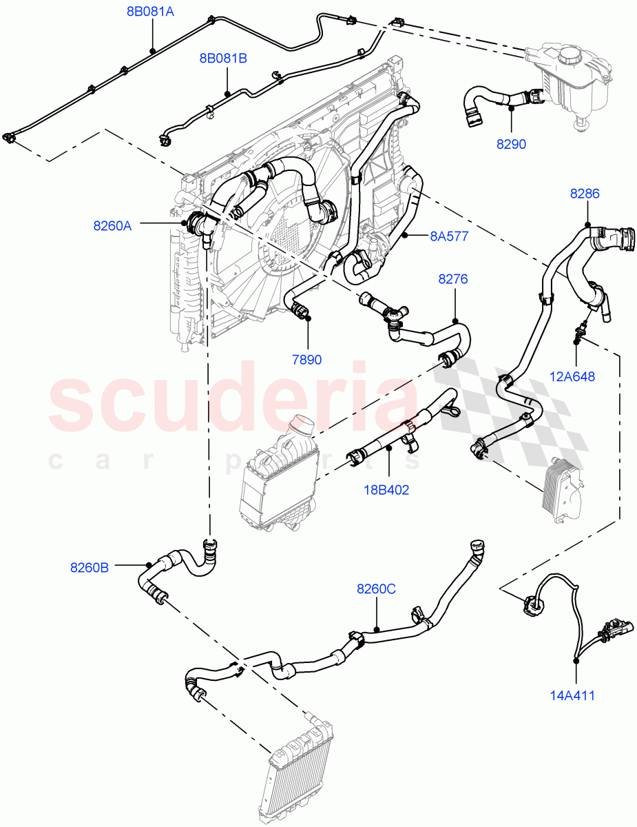 Cooling System Pipes And Hoses (2.0L AJ20P4 Petrol High PTA, Halewood (UK), Medium Engine Cooling, Less Active Tranmission Warming, Low Engine Cooling, High Engine Cooling) of Land Rover Land Rover Range Rover Evoque (2019+) [2.0 Turbo Petrol AJ200P]