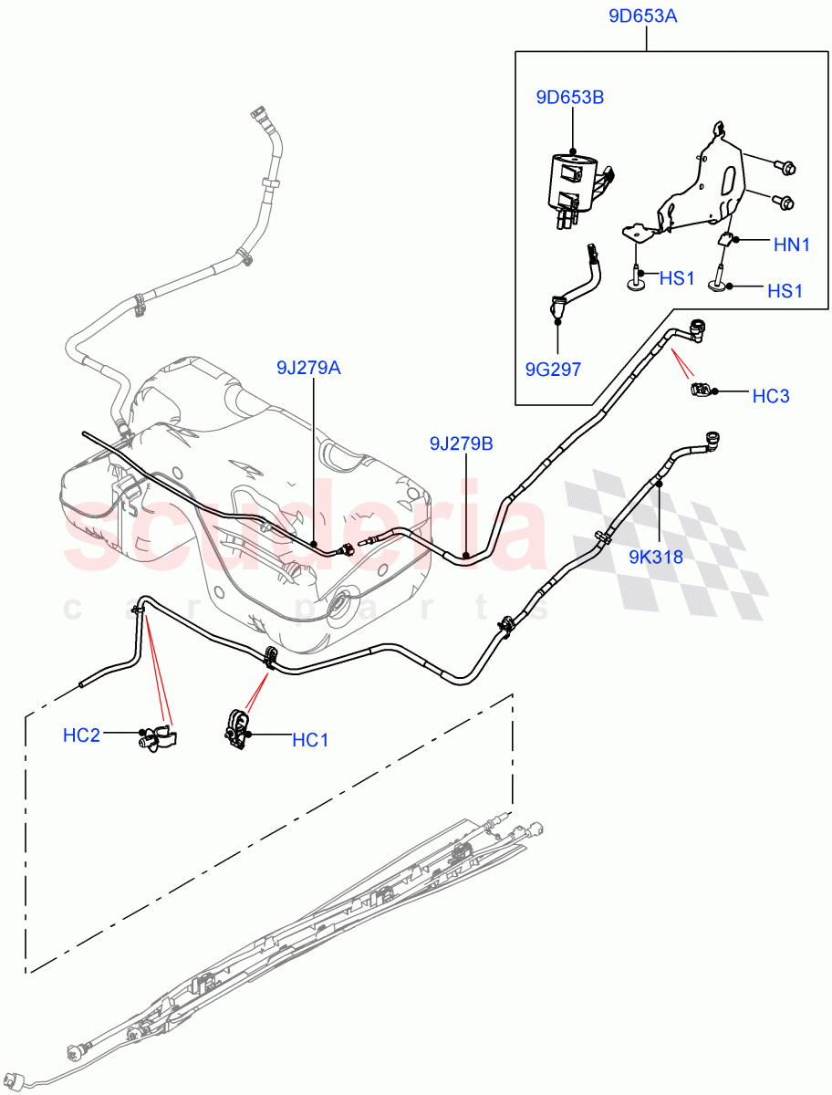 Fuel Lines (Rear) (2 Door Convertible, 2.0L I4 Mid DOHC AJ200 Petrol, (-) "CDN/MEX/USA", Fuel Tank Filler Neck - Unleaded, 2.0L I4 High DOHC AJ200 Petrol) ((V) FROMJH000001) of Land Rover Land Rover Range Rover Evoque (2012-2018) [2.0 Turbo Petrol AJ200P]