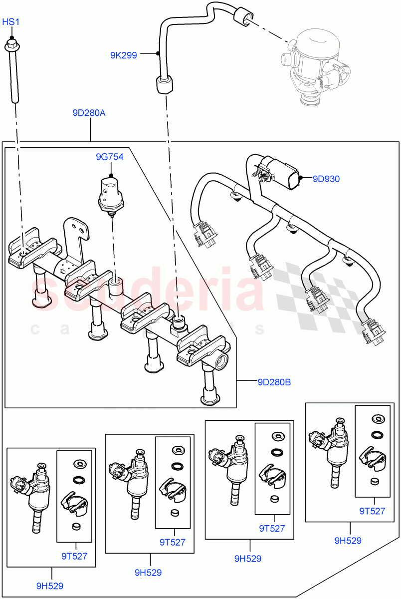 Fuel Injectors And Pipes (2.0L I4 Mid AJ200 Petrol E100, Itatiaia (Brazil), 2.0L I4 Mid DOHC AJ200 Petrol) ((V) FROMJT000001) of Land Rover Land Rover Range Rover Evoque (2012-2018) [2.0 Turbo Petrol AJ200P]