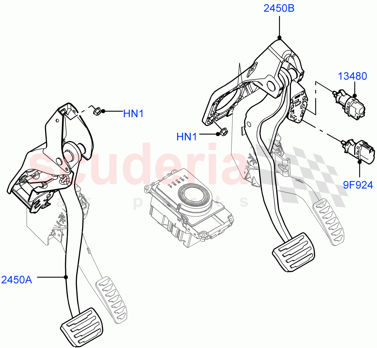 Brake And Clutch Controls (6 Speed Auto AWF21 AWD, Halewood (UK), Unique Met Finish Foot Pedals Pads, 9 Speed Auto AWD) of Land Rover Land Rover Range Rover Evoque (2012-2018) [2.0 Turbo Diesel]