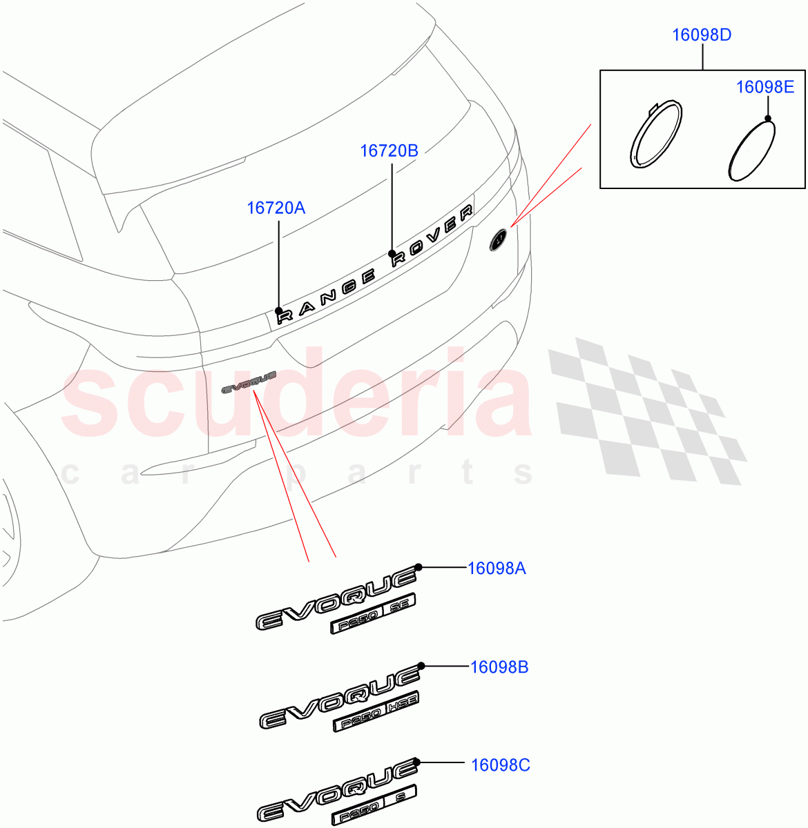 Name Plates (Rear) (Changsu (China), Trunk Badge-HSE, Trunk Badge - S, Trunk Badge-SE) of Land Rover Land Rover Range Rover Evoque (2019+) [2.0 Turbo Diesel AJ21D4]
