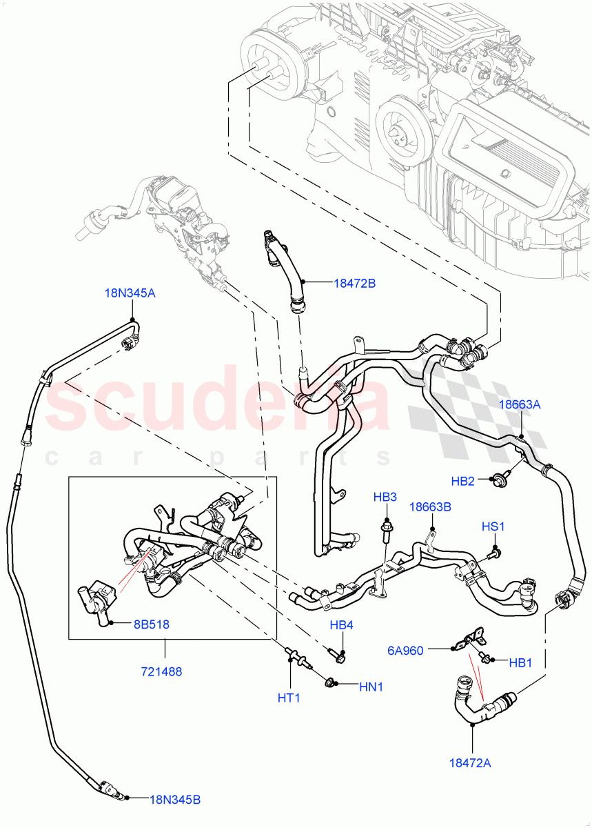 Heater Hoses (Front) (2.0L I4 High DOHC AJ200 Petrol, Fuel Heater W/Pk Heat With Remote, Premium Air Conditioning-Front/Rear, Fuel Fired Heater With Park Heat, With Fuel Fired Heater) ((V) FROMKA000001) of Land Rover Land Rover Range Rover Sport (2014+) [3.0 I6 Turbo Petrol AJ20P6]