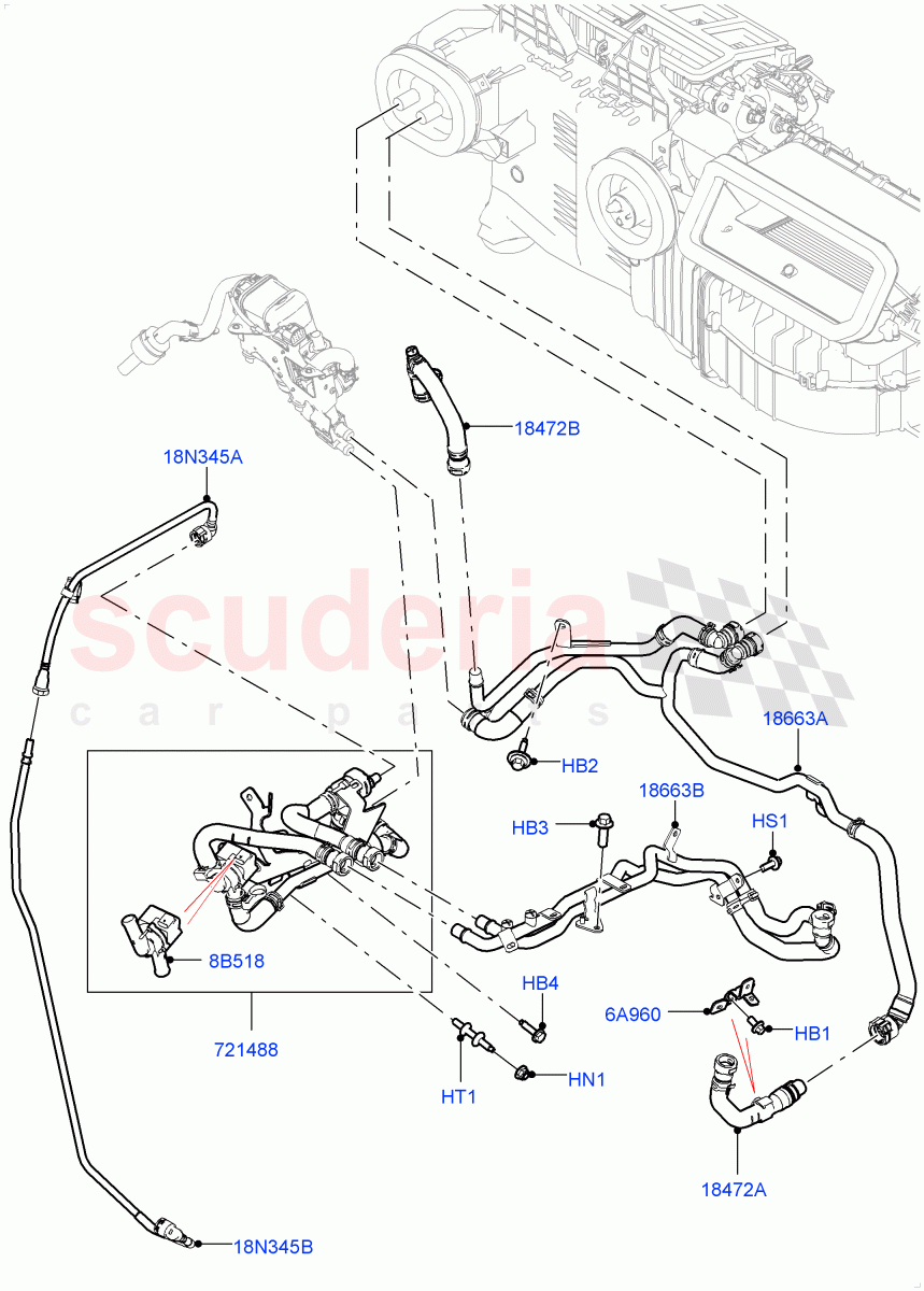 Heater Hoses (Nitra Plant Build) (2.0L I4 High DOHC AJ200 Petrol, With Fuel Fired Heater, With Manual Air Conditioning, Fuel Fired Heater With Park Heat, Fuel Heater W/Pk Heat With Remote, With Air Conditioning - Front/Rear, With Front Comfort Air Con (IHKA)) ((V) FROMK2000001) of Land Rover Land Rover Discovery 5 (2017+) [3.0 I6 Turbo Petrol AJ20P6]