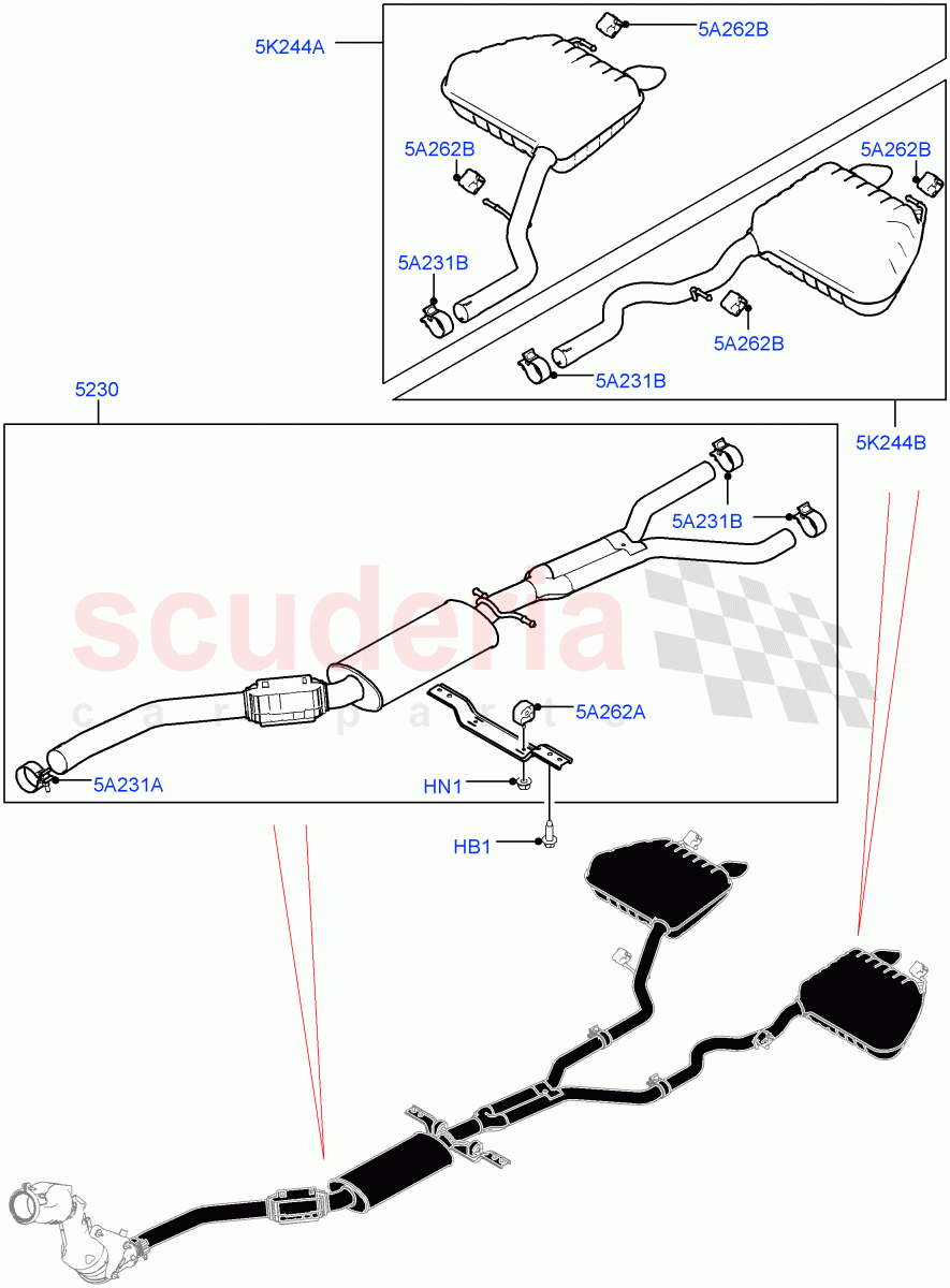 Rear Exhaust System (2.0L I4 High DOHC AJ200 Petrol, Dual Exhaust, 2.0L I4 Mid DOHC AJ200 Petrol) ((V) TOLA999999) of Land Rover Land Rover Range Rover Velar (2017+) [2.0 Turbo Petrol AJ200P]