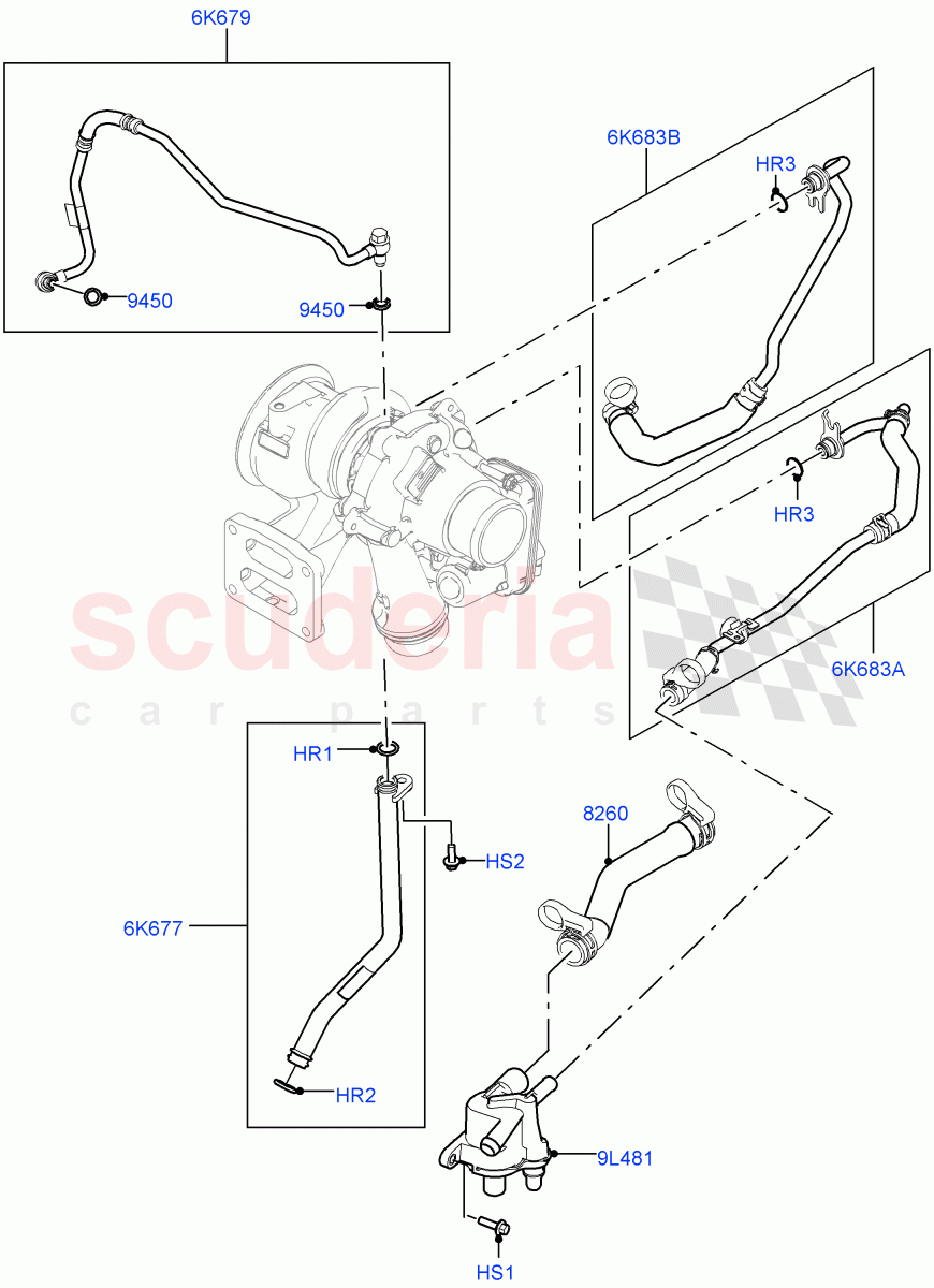 Turbocharger (Lubrication And Cooling) (2.0L I4 Mid AJ200 Petrol E100, Itatiaia (Brazil), 2.0L I4 Mid DOHC AJ200 Petrol) ((V) FROMJT000001) of Land Rover Land Rover Range Rover Evoque (2012-2018) [2.0 Turbo Petrol AJ200P]