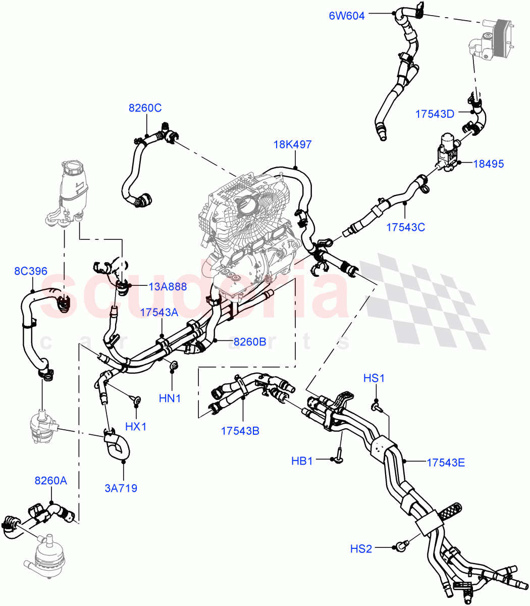 Cooling System Pipes And Hoses (Electric Unit, Front Section) (1.5L AJ20P3 Petrol High PHEV, Changsu (China)) ((V) FROMMG575835) of Land Rover Land Rover Range Rover Evoque (2019+) [1.5 I3 Turbo Petrol AJ20P3]