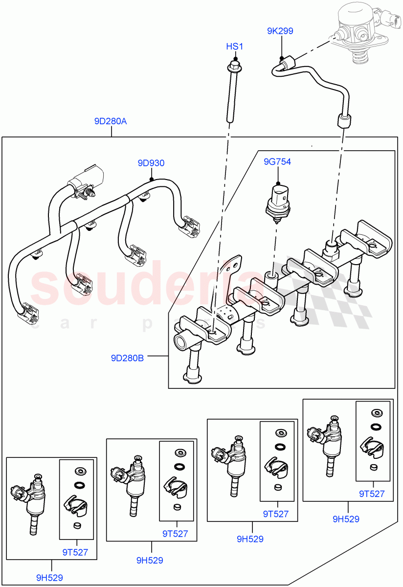 Fuel Injectors And Pipes (Solihull Plant Build) (2.0L AJ200P Hi PHEV, 2.0L I4 High DOHC AJ200 Petrol, 2.0L I4 Mid DOHC AJ200 Petrol) ((V) FROMHA000001) of Land Rover Land Rover Range Rover Velar (2017+) [2.0 Turbo Petrol AJ200P]