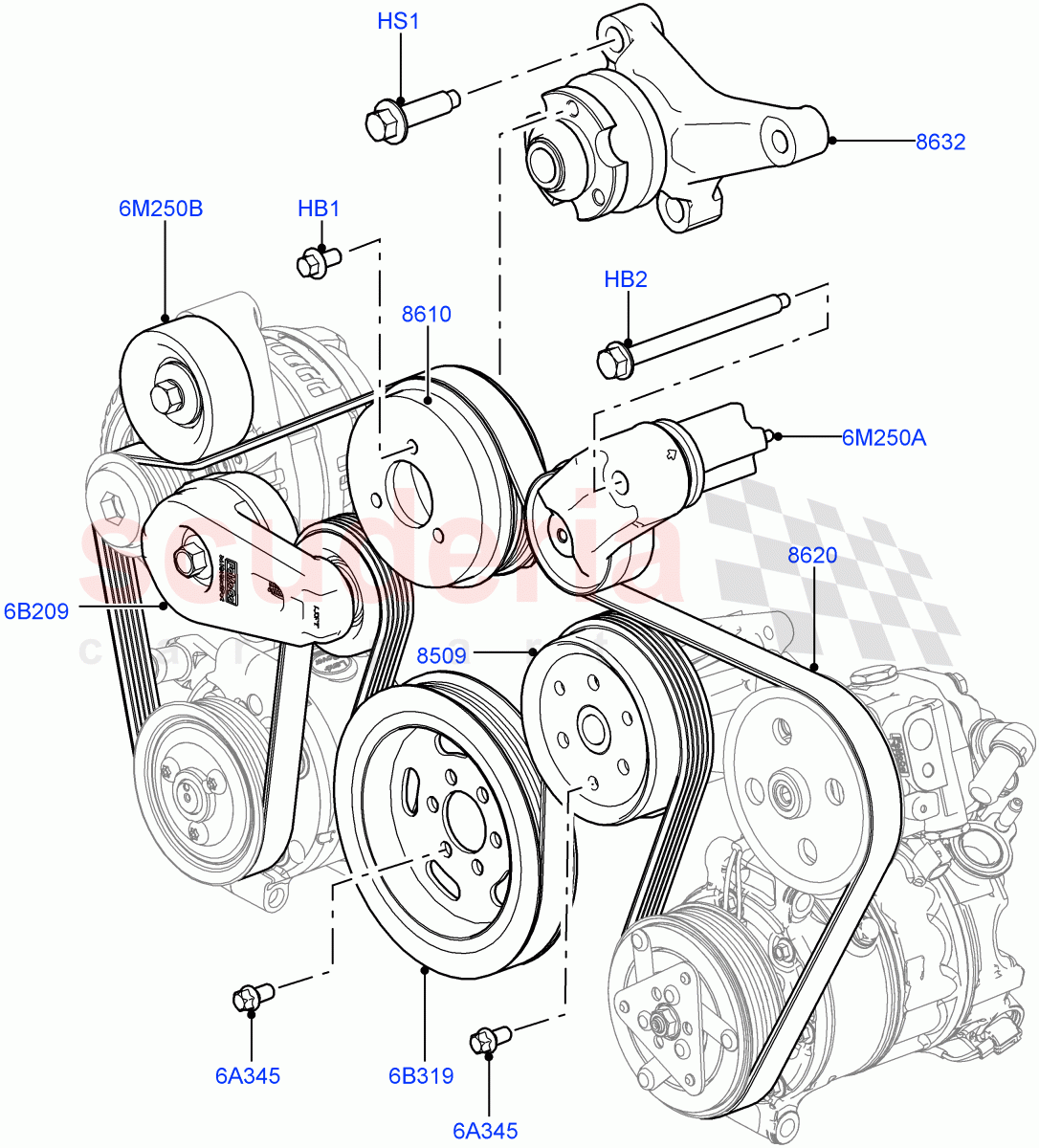 Pulleys And Drive Belts (Front) (3.0L 24V DOHC V6 TC Diesel, With Roll Stability Control, With ACE Suspension) ((V) FROMAA000001) of Land Rover Land Rover Range Rover Sport (2010-2013) [3.0 Diesel 24V DOHC TC]