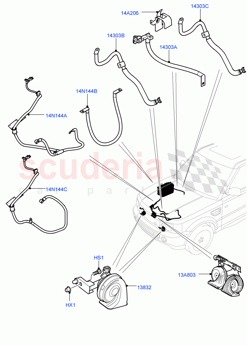 Battery Cables And Horn ((V) TO9A999999) of Land Rover Land Rover Range Rover Sport (2005-2009) [4.4 AJ Petrol V8]