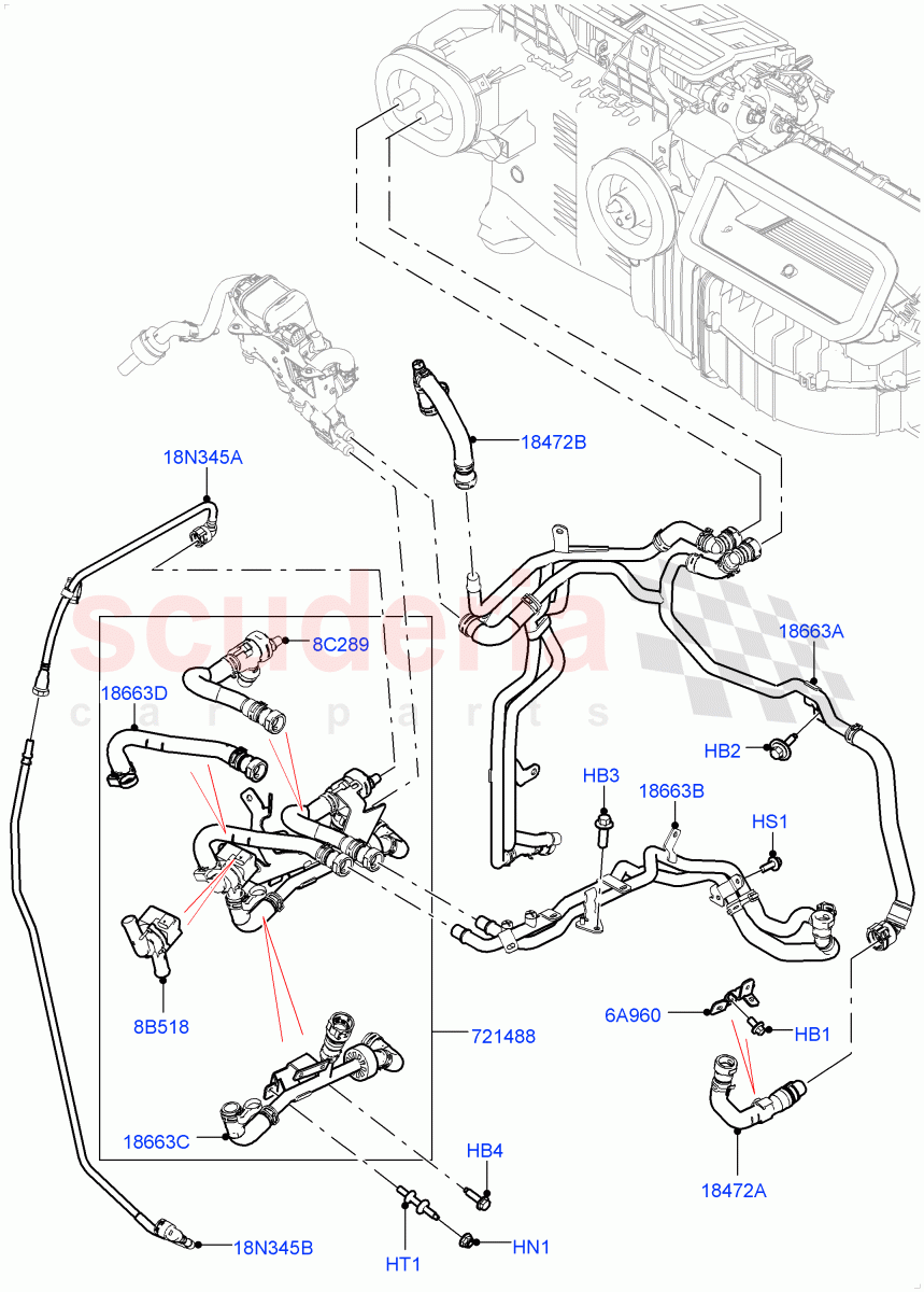 Heater Hoses (Solihull Plant Build) (2.0L I4 High DOHC AJ200 Petrol, With Fuel Fired Heater, With Air Conditioning - Front/Rear) ((V) FROMJA000001, (V) TOJA999999) of Land Rover Land Rover Discovery 5 (2017+) [2.0 Turbo Petrol AJ200P]