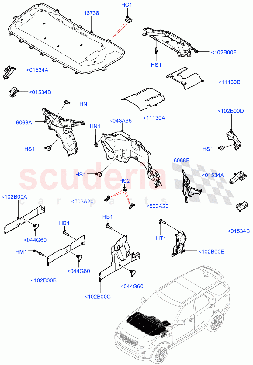 Insulators - Front (Engine Compartment, Solihull Plant Build) ((V) FROMHA000001) of Land Rover Land Rover Discovery 5 (2017+) [3.0 DOHC GDI SC V6 Petrol]
