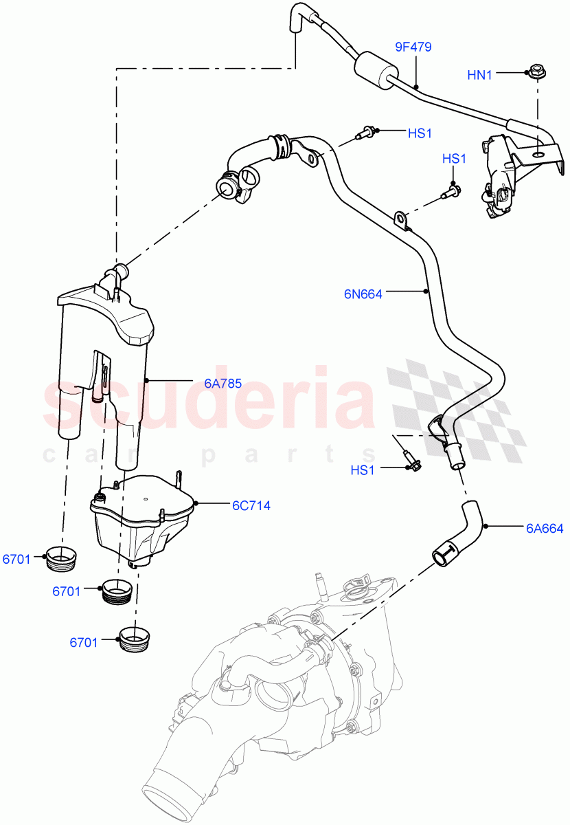 Emission Control - Crankcase (Engine Ventilation, Solihull Plant Build) (3.0 V6 D Low MT ROW, 3.0 V6 D Gen2 Mono Turbo) ((V) FROMFA000001) of Land Rover Land Rover Discovery 5 (2017+) [3.0 Diesel 24V DOHC TC]