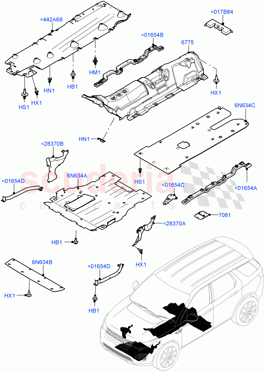 Splash And Heat Shields (Front, Body) (Halewood (UK), Electric Engine Battery-MHEV, Less Electric Engine Battery) ((V) FROMLH000001) of Land Rover Land Rover Discovery Sport (2015+) [2.0 Turbo Petrol GTDI]