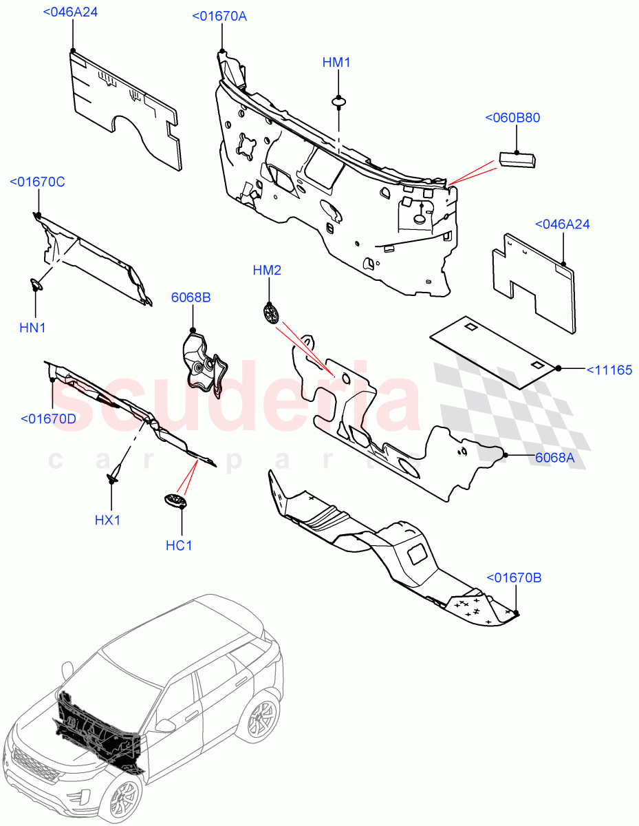 Insulators - Front (Passenger Compartment) (Halewood (UK)) of Land Rover Land Rover Range Rover Evoque (2019+) [2.0 Turbo Petrol AJ200P]