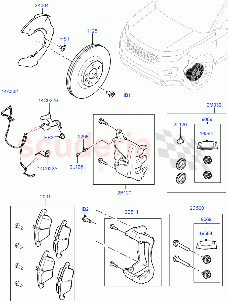 Front Brake Discs And Calipers (Itatiaia (Brazil), Disc And Caliper Size-Frt 18/RR 17, Disc And Caliper Size-Frt 18/RR 16) of Land Rover Land Rover Range Rover Evoque (2019+) [1.5 I3 Turbo Petrol AJ20P3]
