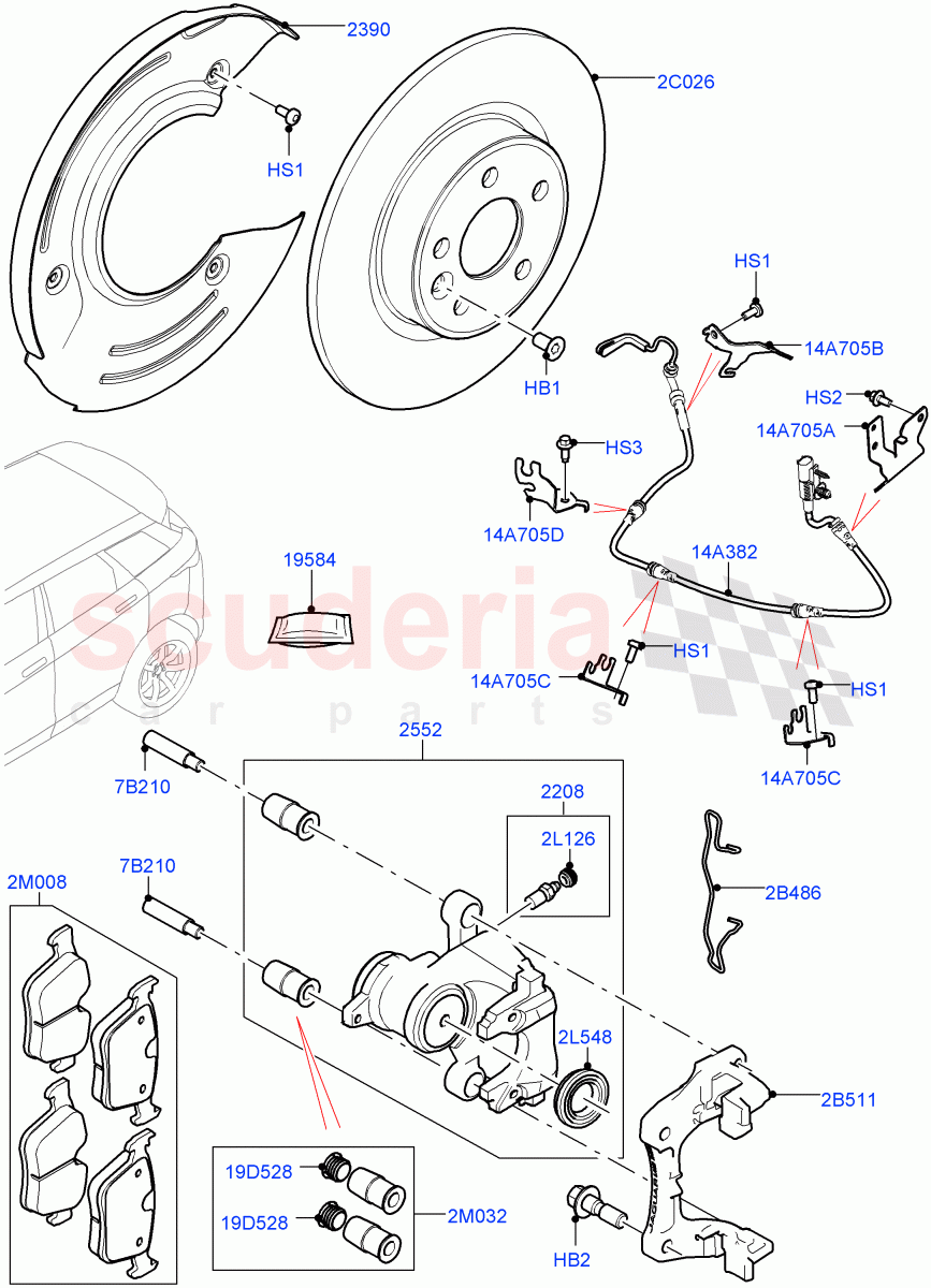 Rear Brake Discs And Calipers (Halewood (UK), Disc And Caliper Size-Frt 18/RR 16, Front Disc And Caliper Size 17, Disc Brake Size Frt 17/RR 16) of Land Rover Land Rover Range Rover Evoque (2019+) [2.0 Turbo Petrol AJ200P]
