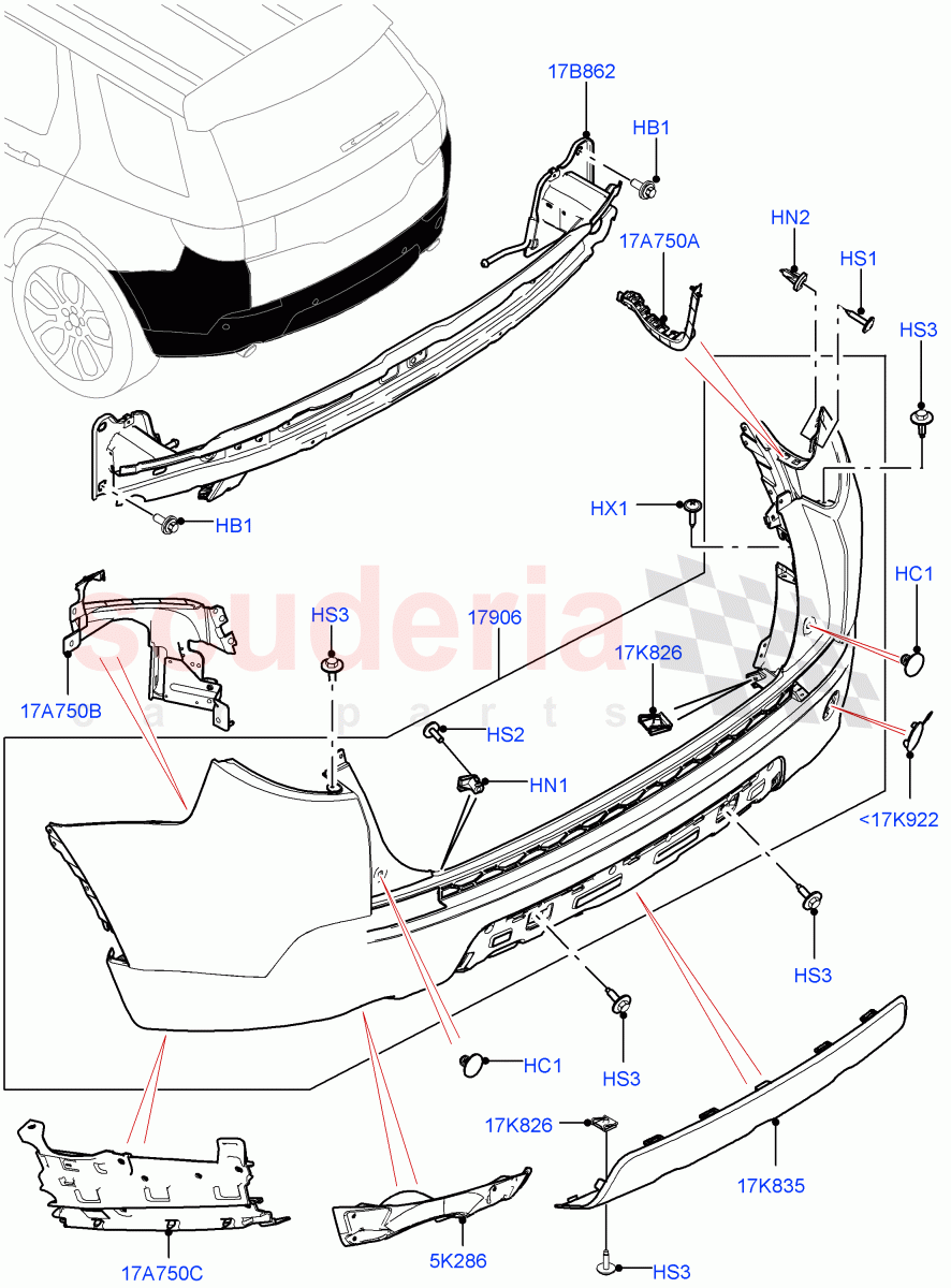 Rear Bumper (Halewood (UK), Front Bumper - Painted Body Colour, Rear Bumper Body Coloured Plastic, Bumper-Aux Cooled Body Colour) ((V) TOKH999999) of Land Rover Land Rover Discovery Sport (2015+) [2.2 Single Turbo Diesel]