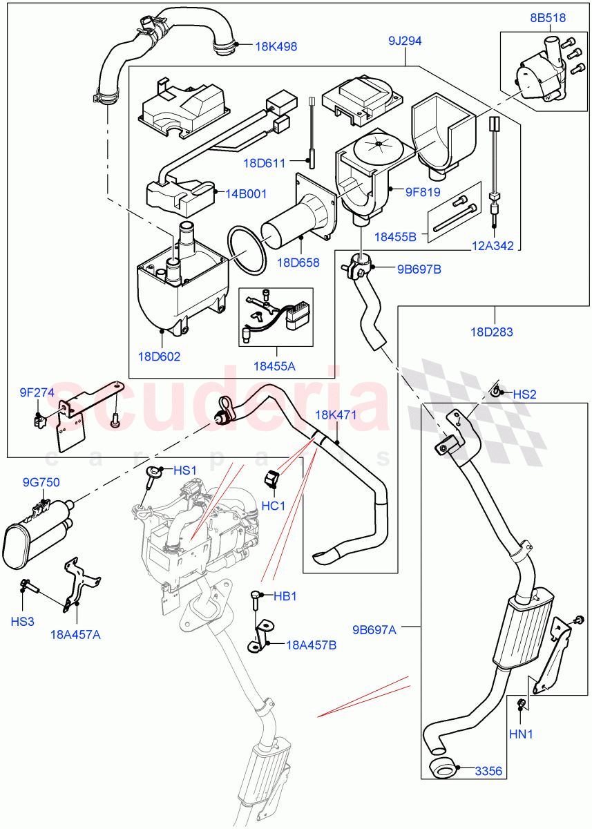 Auxiliary Fuel Fired Pre-Heater (Solihull Plant Build, Heater Components) (Less Auxiliary Coolant Pumps, With Fuel Fired Heater) ((V) FROMHA000001, (V) TOHA999999) of Land Rover Land Rover Discovery 5 (2017+) [3.0 I6 Turbo Diesel AJ20D6]